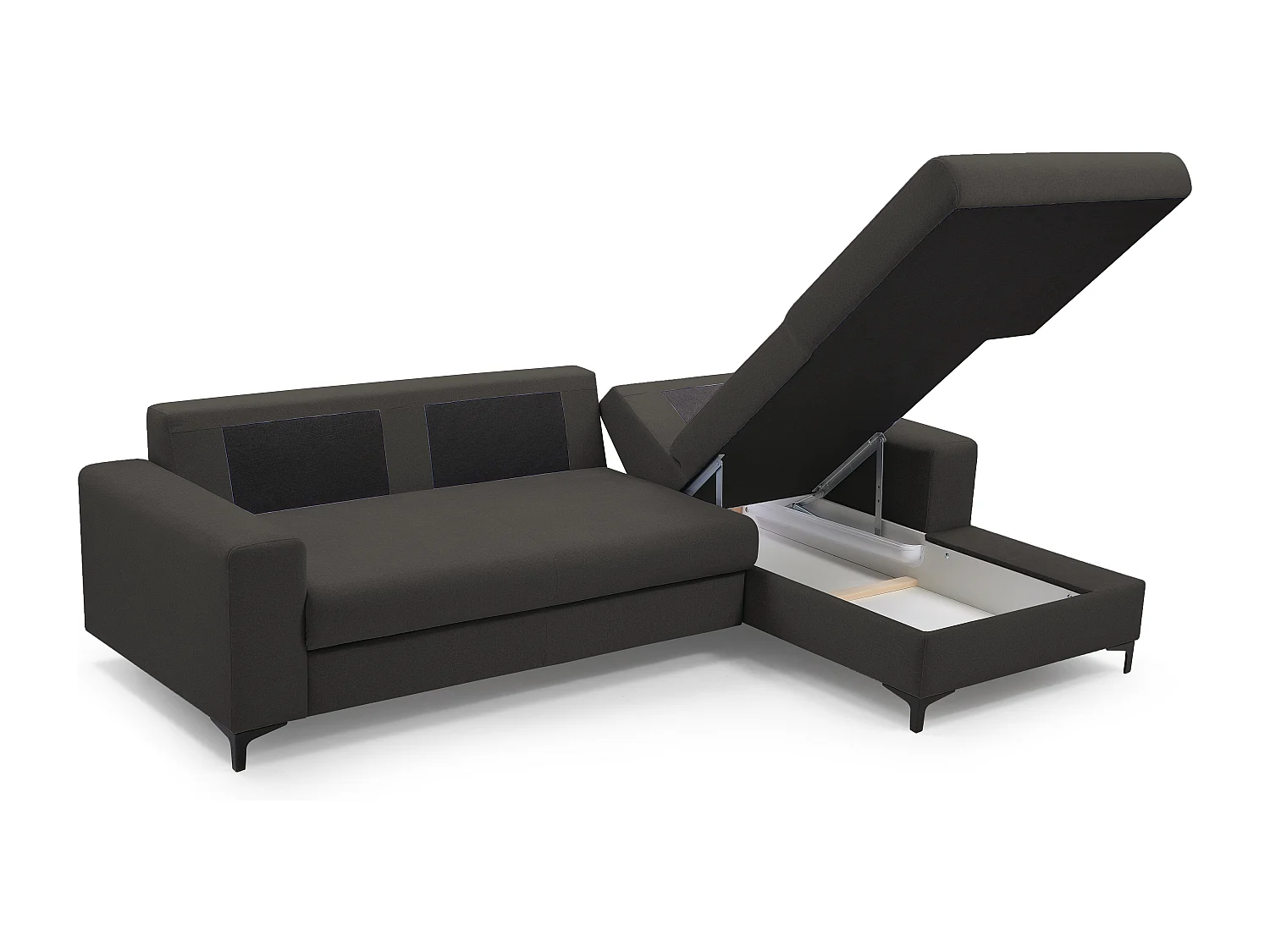 Hoekbank AVRA – Slaapfunctie, opbergruimte, rechterzijde, 251x165x85 cm, kleur: GRIJSGRAFIET