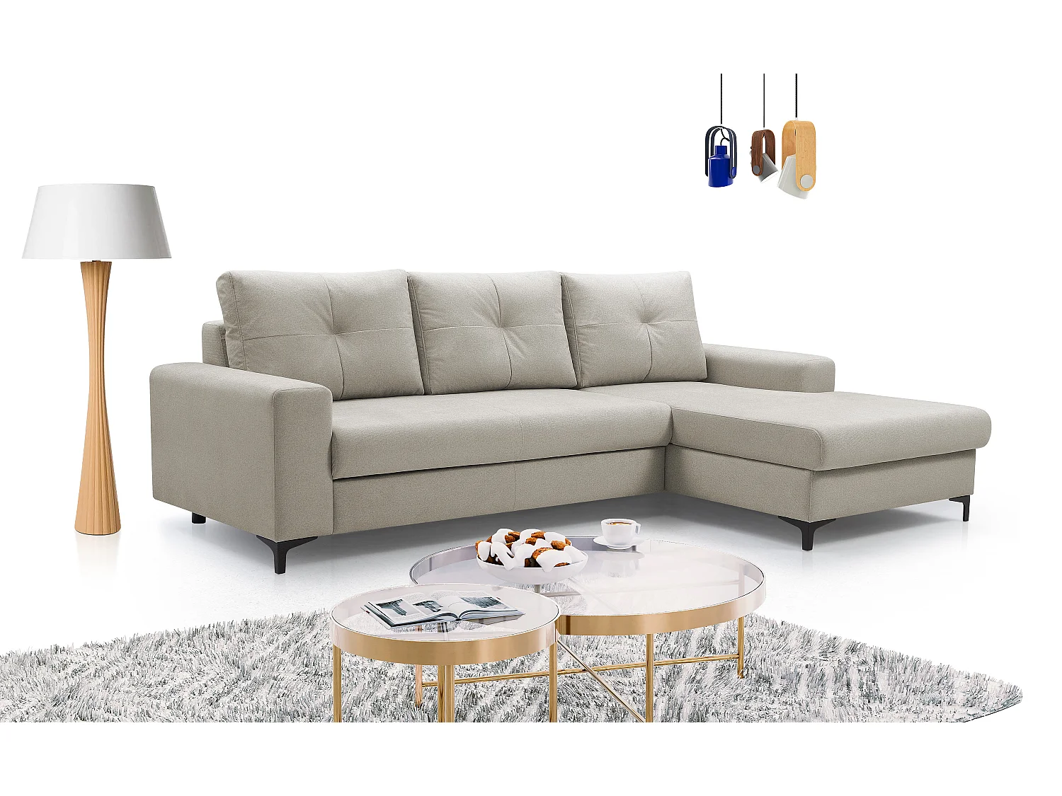 Ecksofa AVRA mit Schlaffunktion, Stauraum, rechte Seite, 251x165x85 cm, Farbe: WEISS