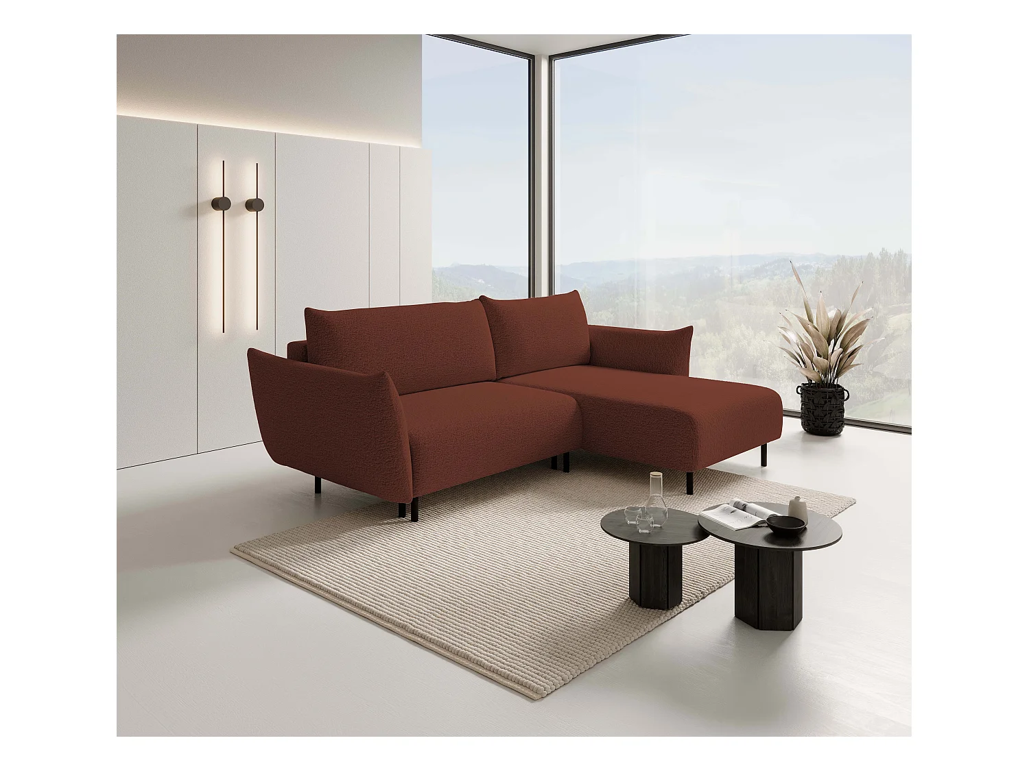 Canapé d'angle ADEL convertible avec coffre - Disposition L, pieds métalliques, configuration réglable, bordeaux droit 145x212cm, 257x90x171cm