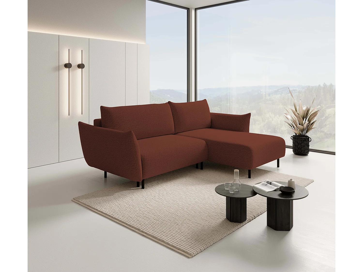 Hoekbank ADEL met slaapfunctie en opbergruimte – L-vorm, metalen poten, verstelbaar, 145x212 cm, 257x90x171 cm, BORDEAUX RECHTS