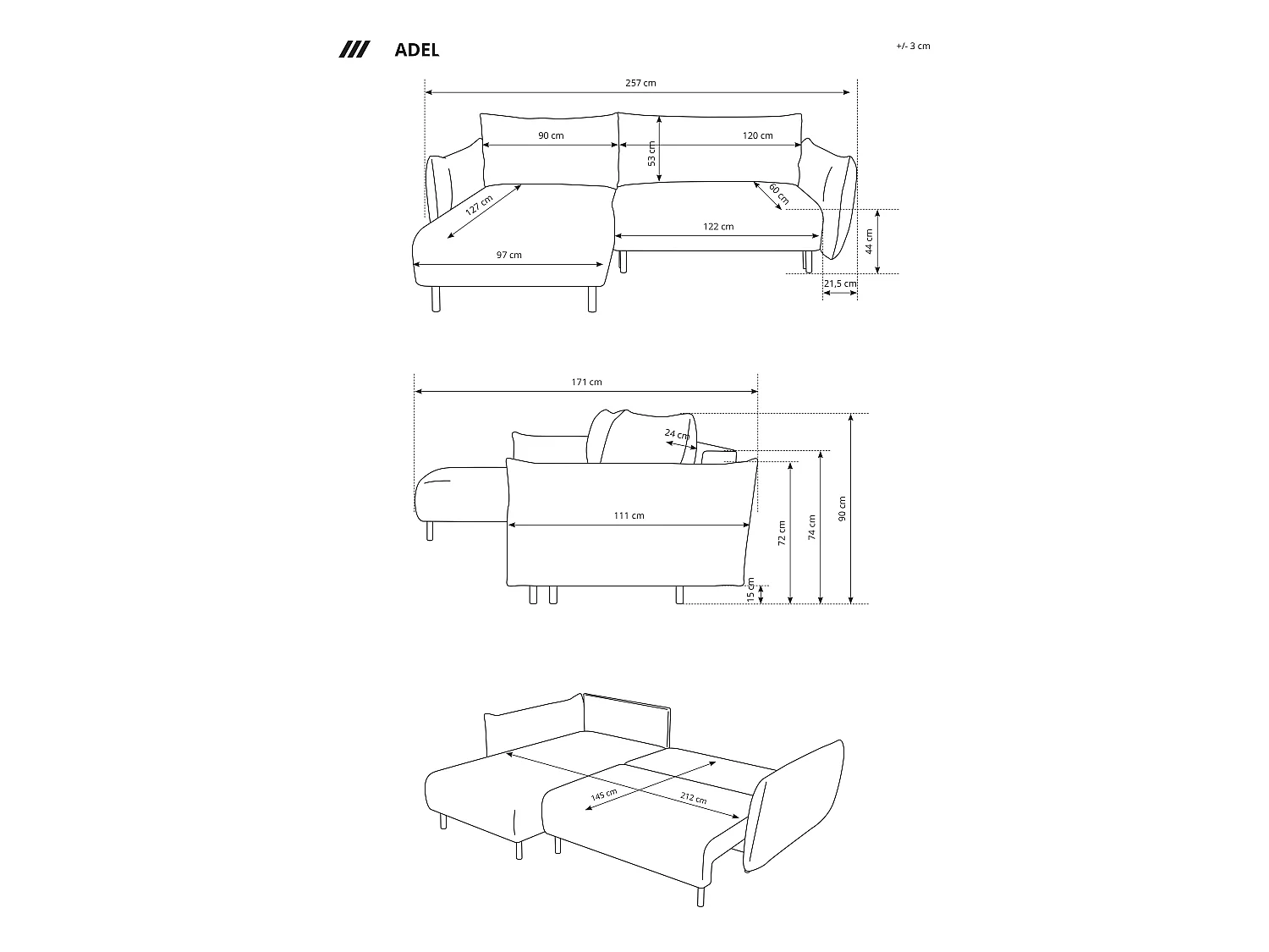 Hoekbank ADEL met slaapfunctie en opbergruimte – L-vorm, metalen poten, verstelbaar, 145x212 cm, 257x90x171 cm, BORDEAUX RECHTS