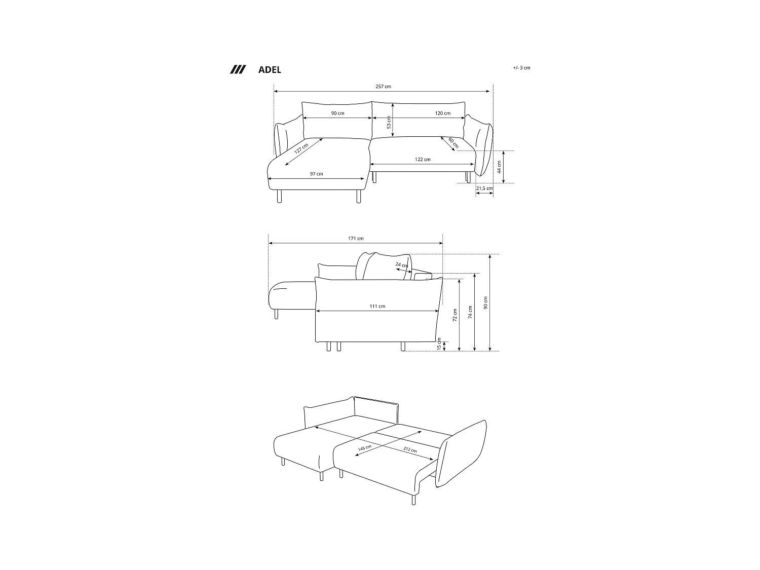 Canapé d'angle ADEL convertible avec coffre - Disposition L, pieds métalliques, configuration réglable, argenté droit 145x212cm, 257x90x171cm