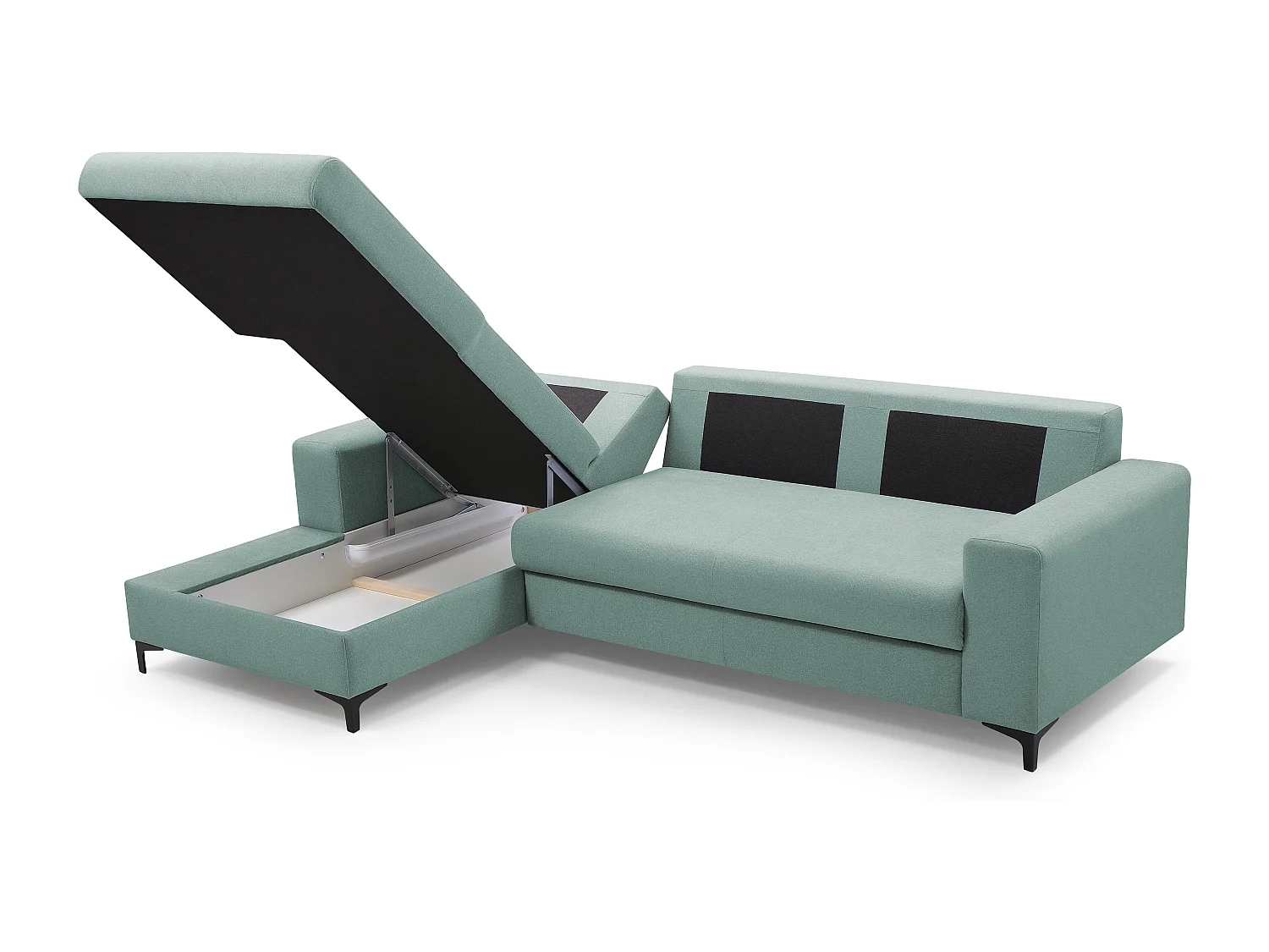 Hoekbank AVRA – Slaapfunctie, opbergruimte, linkerzijde, 251x165x85 cm, kleur: LICHTGROEN