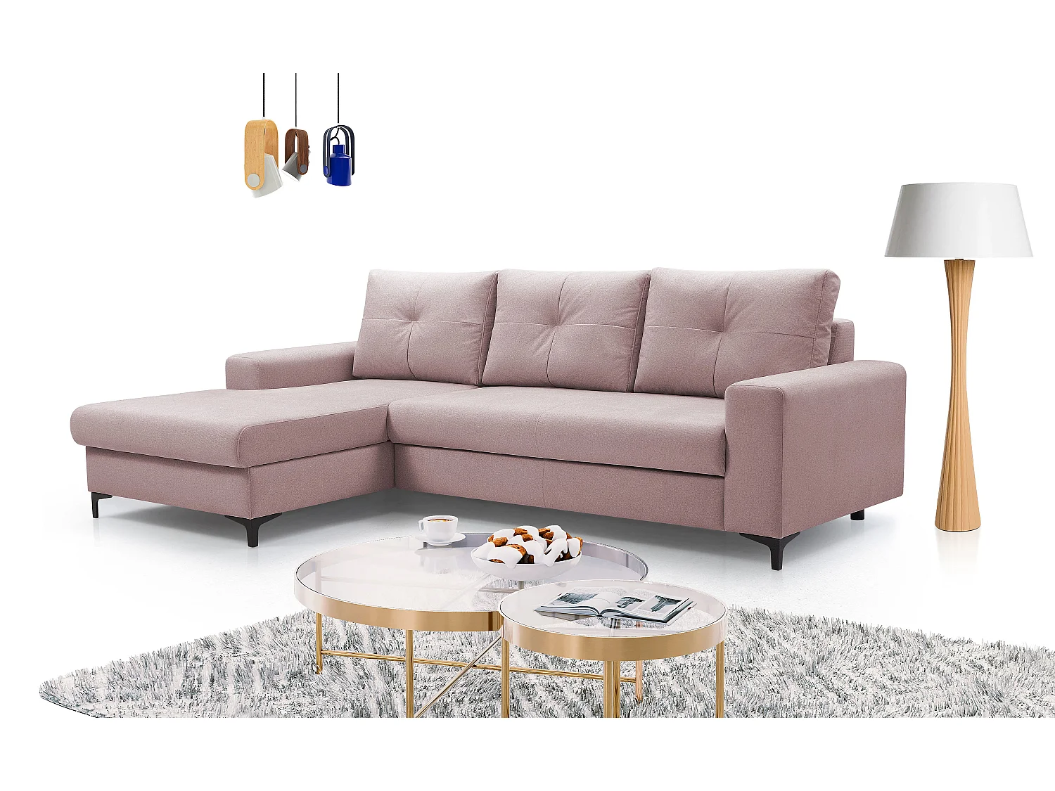 Hoekbank AVRA – Slaapfunctie, opbergruimte, linkerzijde, 251x165x85 cm, kleur: POEDERROZE