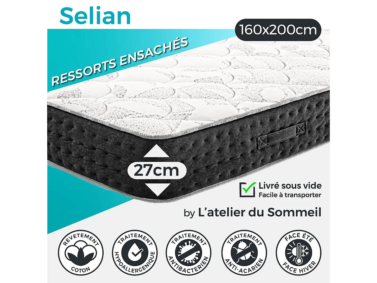 SELIAN - Ensemble Matelas Ressorts Ep.27cm + Sommier Tapissier Gris 160x200 cm