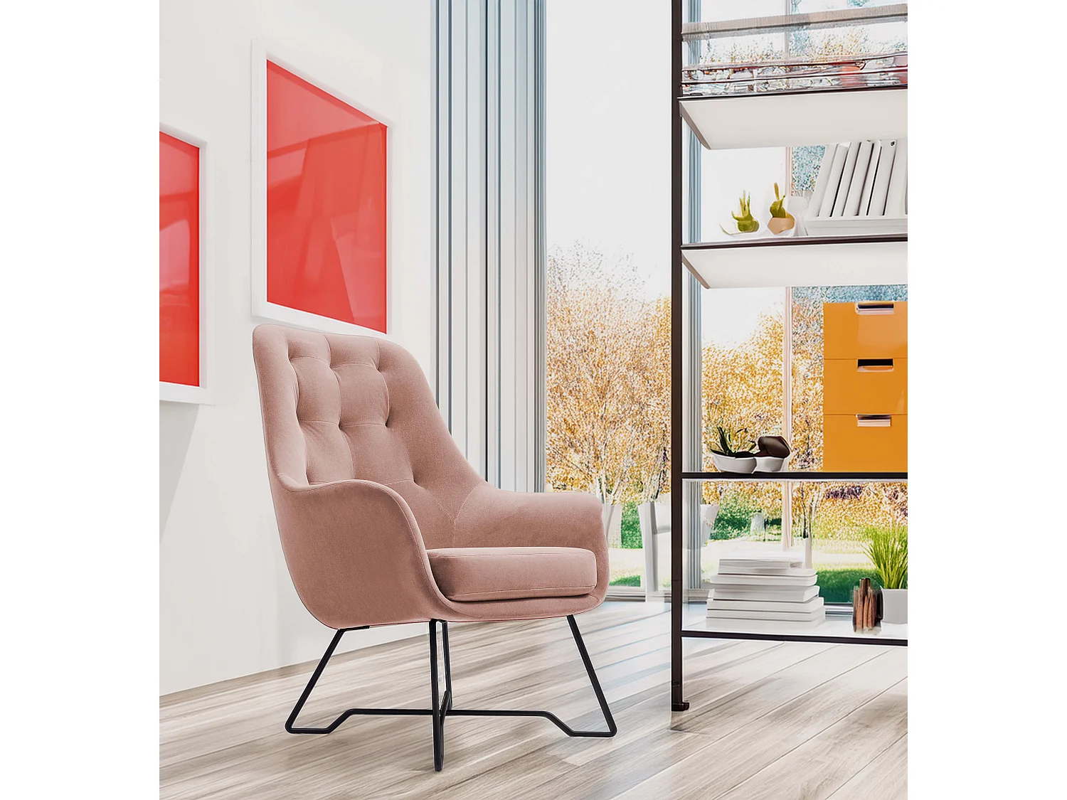 Fotel EZO Komfortowy Nowoczesny Fotel Designerski Ergonomiczne Wypełnienie Stabilne Nogi PUR Pianka Wygoda Tkanina 72x83x101cm JASNY RÓŻ