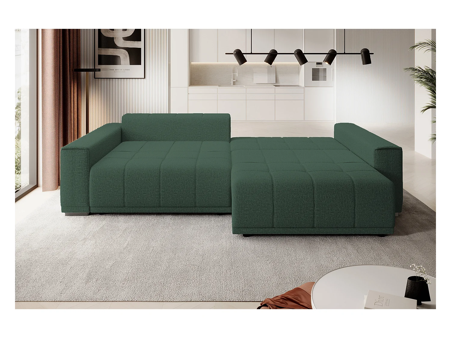 Canapé MOTTA Bigsofa – Grand canapé avec fonction de couchage, 175x228 cm, 7 coussins, tissu KANSAS, 2 compartiments, couleur : Vert