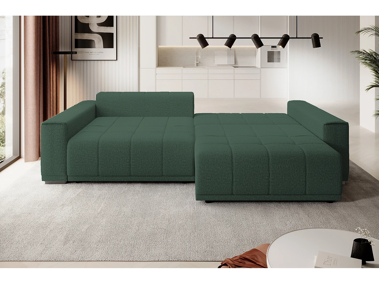 MOTTA Bigsofa – Grote slaapbank, slaapoppervlak 175x228 cm, 7 kussens, stof KANSAS, 2 opbergruimtes, 278x130x83 cm, kleur: groen