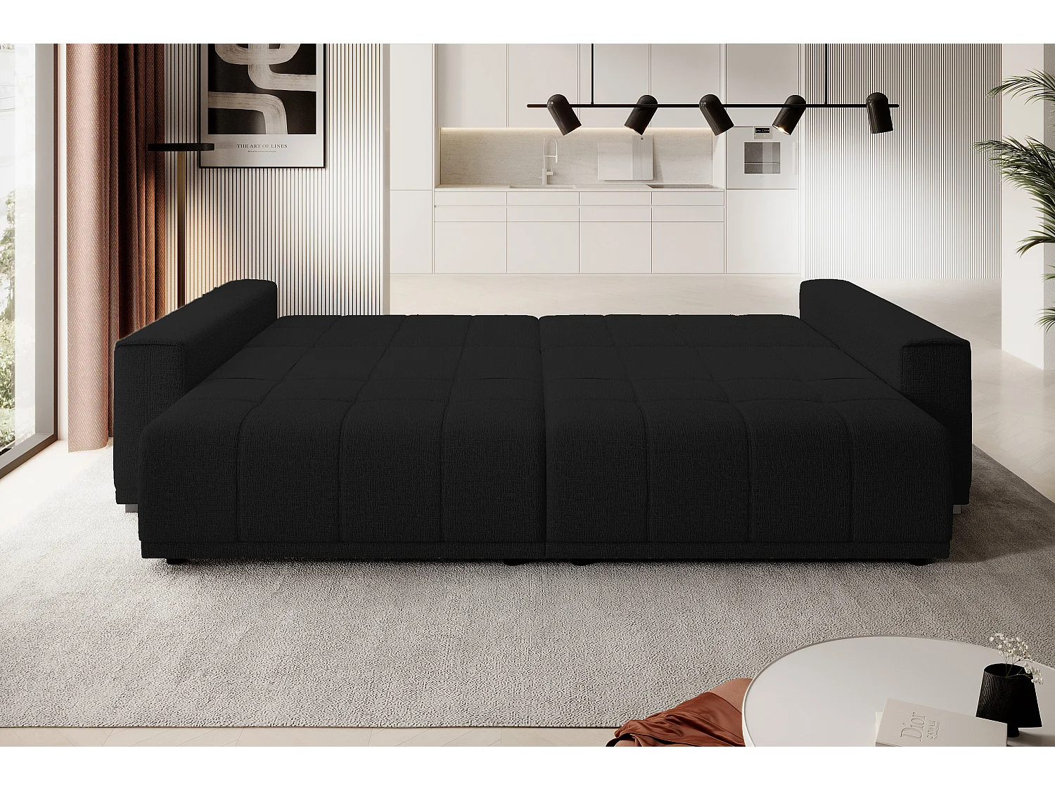 MOTTA Bigsofa – Grote slaapbank, slaapoppervlak 175x228 cm, 7 kussens, stof KANSAS, 2 opbergruimtes, 278x130x83 cm, kleur: zwart