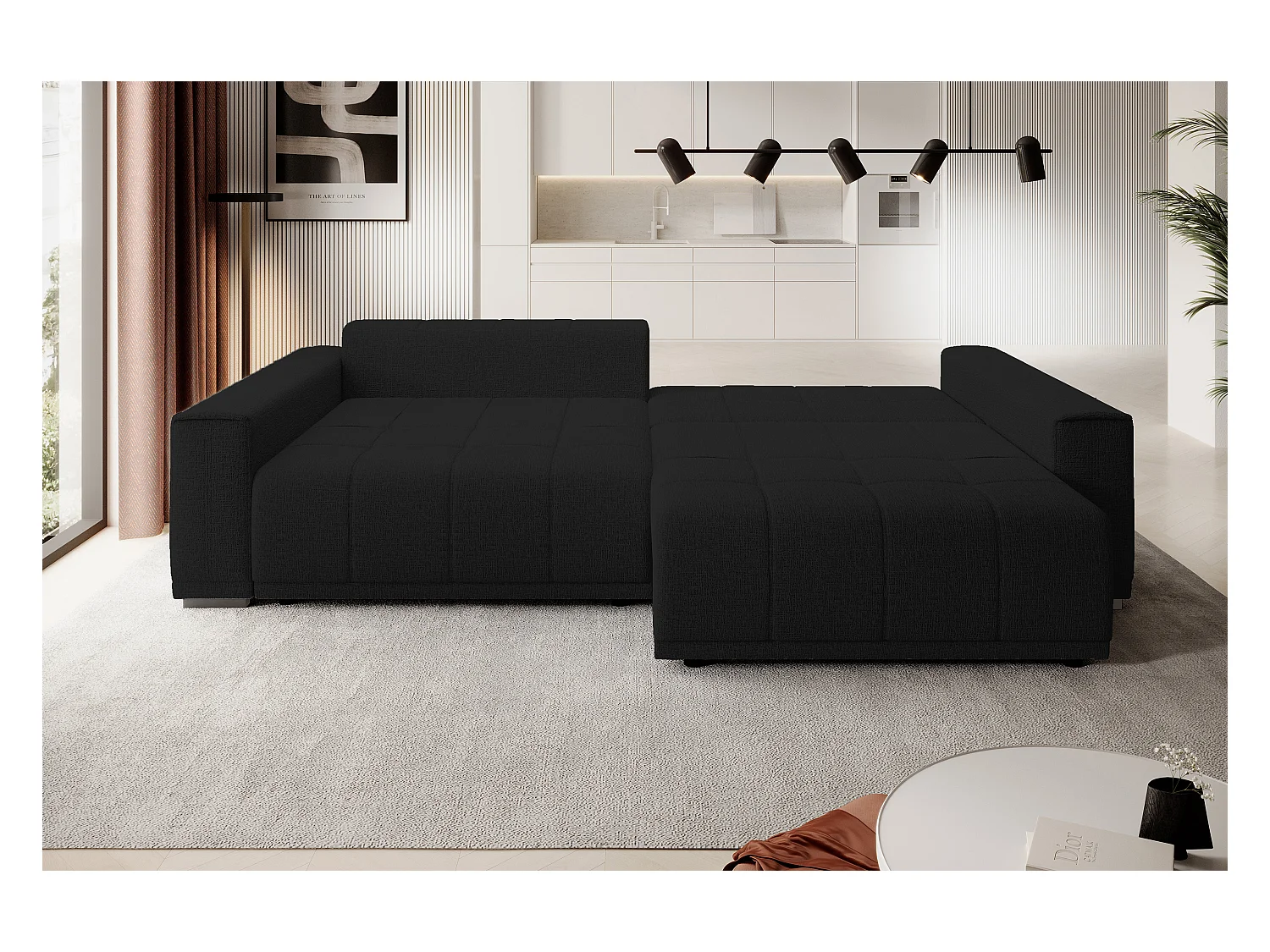 Canapé MOTTA Bigsofa – Grand canapé avec fonction de couchage, 175x228 cm, 7 coussins, tissu KANSAS, 2 compartiments, couleur : Noir