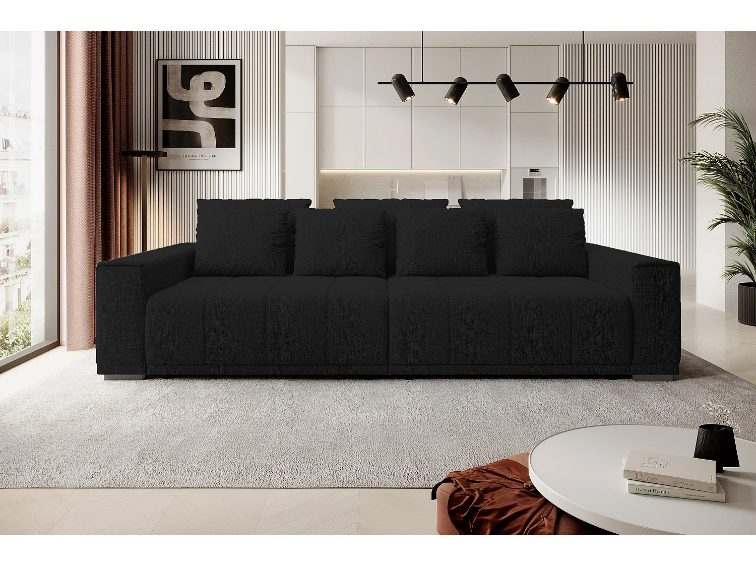 Canapé MOTTA Bigsofa – Grand canapé avec fonction de couchage, 175x228 cm, 7 coussins, tissu KANSAS, 2 compartiments, couleur : Noir