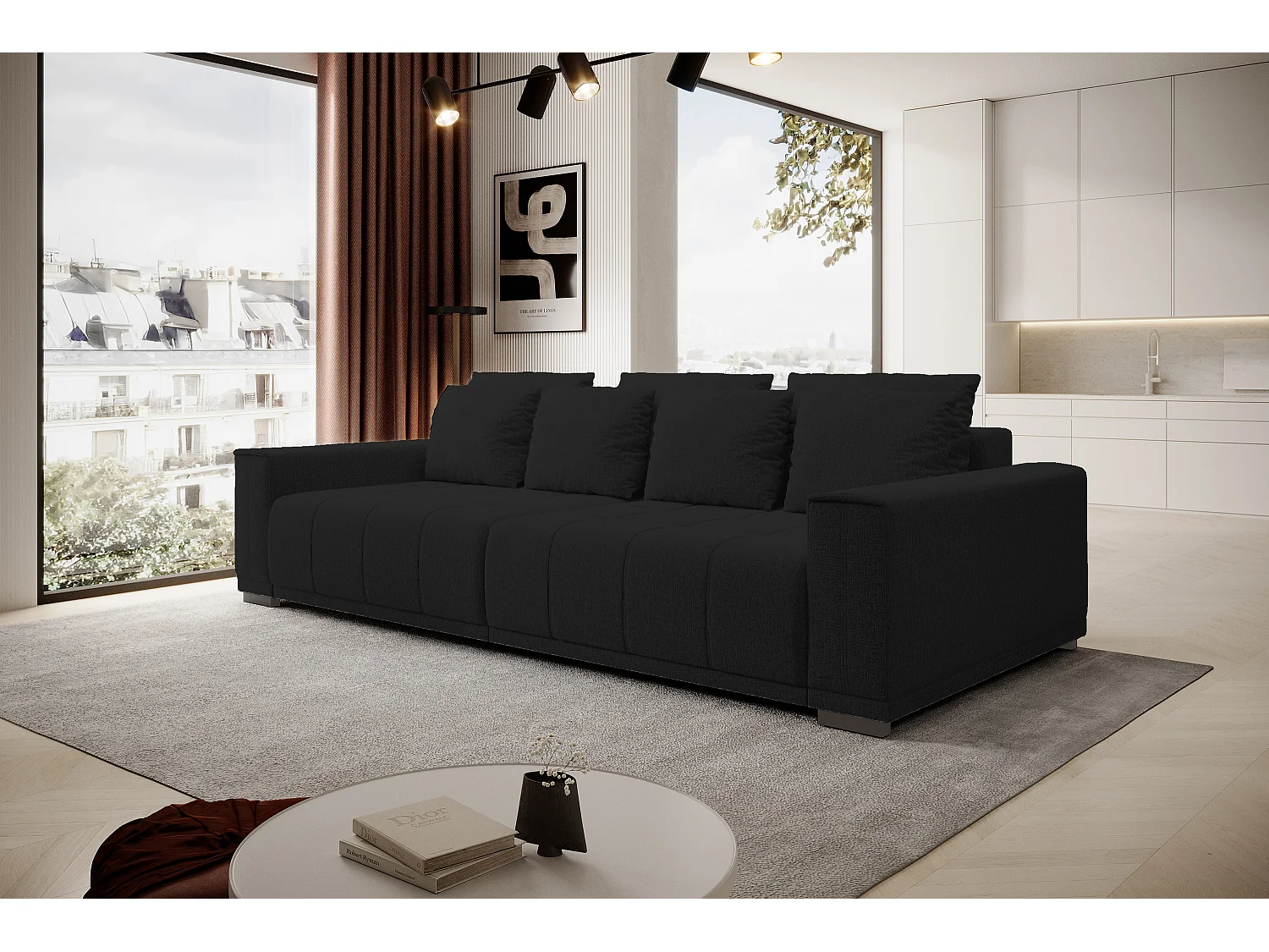 Canapé MOTTA Bigsofa – Grand canapé avec fonction de couchage, 175x228 cm, 7 coussins, tissu KANSAS, 2 compartiments, couleur : Noir