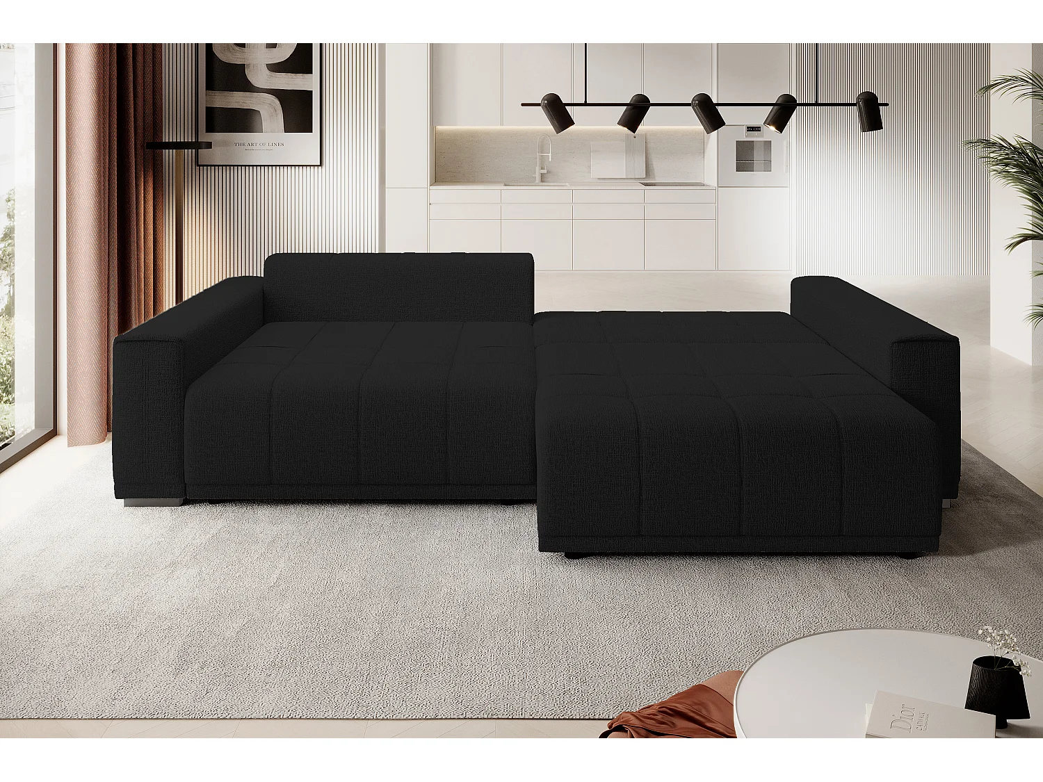 Canapé MOTTA Bigsofa – Grand canapé avec fonction de couchage, 175x228 cm, 7 coussins, tissu KANSAS, 2 compartiments, couleur : Noir