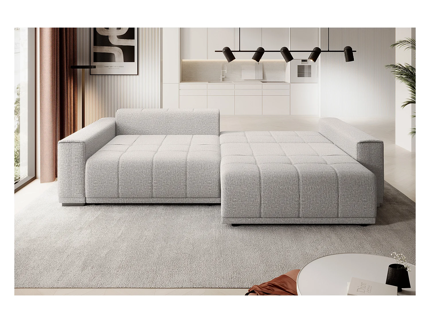 Canapé MOTTA Bigsofa – Grand canapé avec fonction de couchage, 175x228 cm, 7 coussins, tissu KANSAS, 2 compartiments, couleur : Gris clair