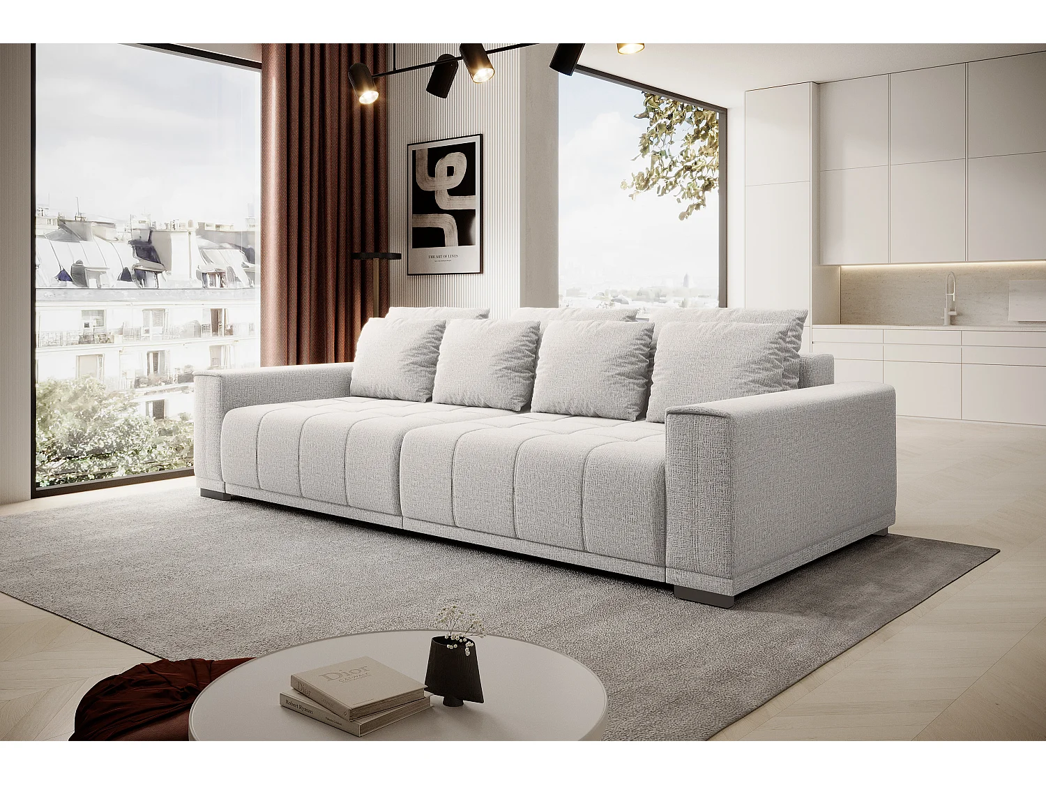 Canapé MOTTA Bigsofa – Grand canapé avec fonction de couchage, 175x228 cm, 7 coussins, tissu KANSAS, 2 compartiments, couleur : Gris clair