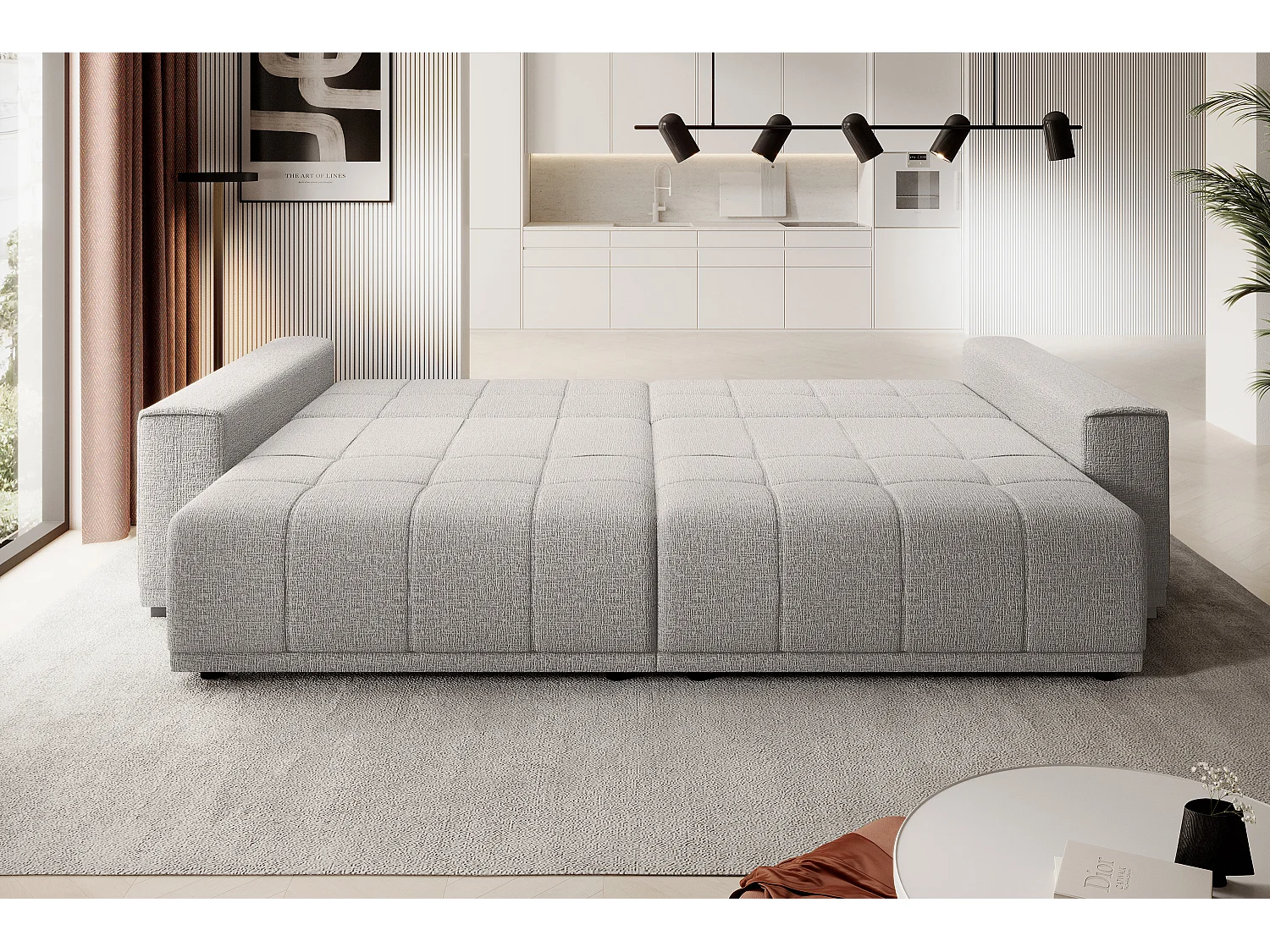 Canapé MOTTA Bigsofa – Grand canapé avec fonction de couchage, 175x228 cm, 7 coussins, tissu KANSAS, 2 compartiments, couleur : Gris clair