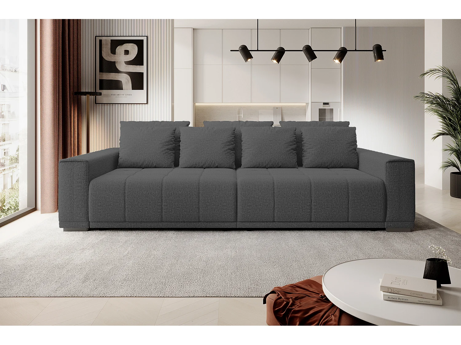 Canapé MOTTA Bigsofa – Grand canapé avec fonction de couchage, 175x228 cm, 7 coussins, tissu KANSAS, 2 compartiments, couleur : Gris