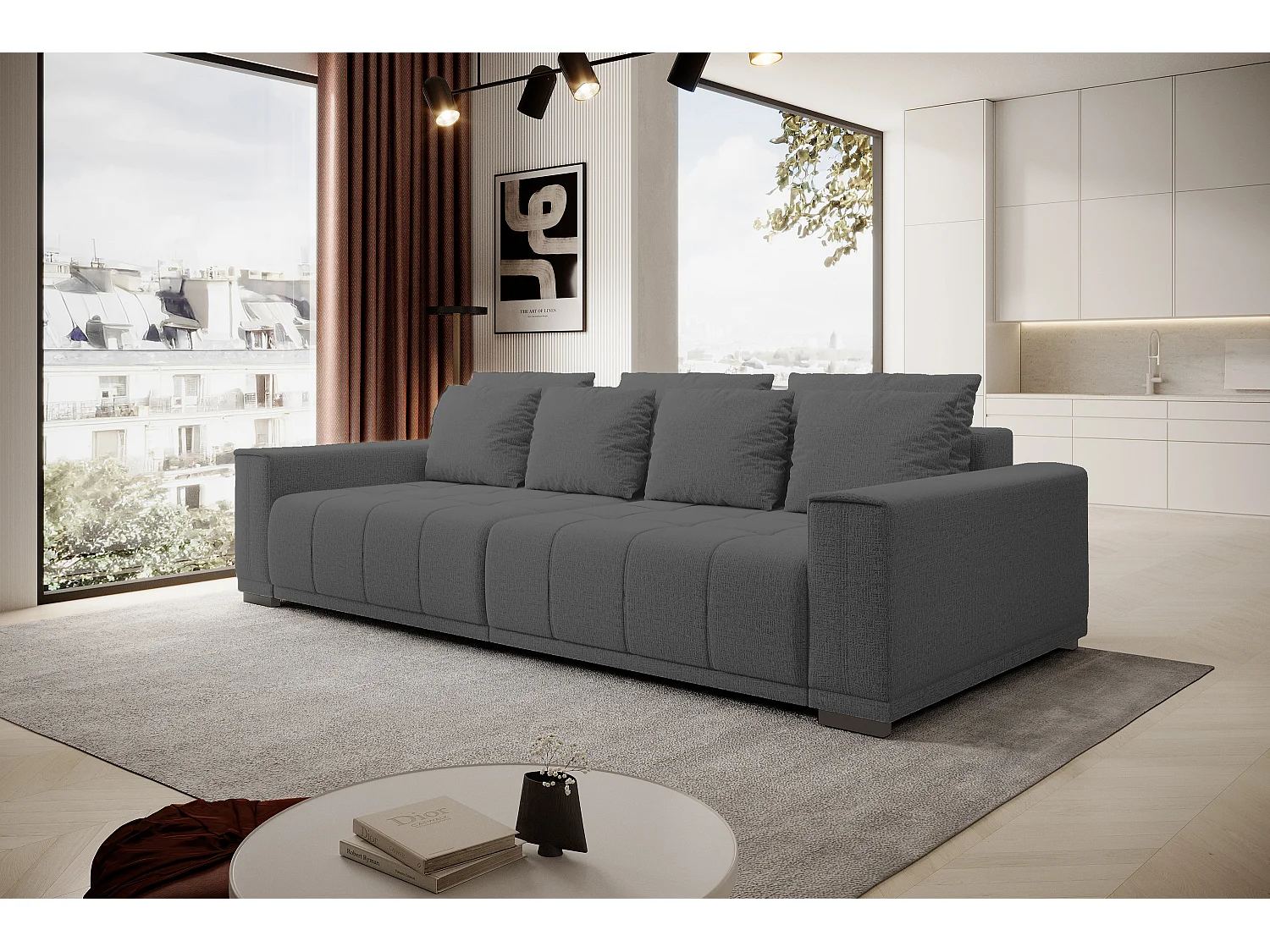 Canapé MOTTA Bigsofa – Grand canapé avec fonction de couchage, 175x228 cm, 7 coussins, tissu KANSAS, 2 compartiments, couleur : Gris