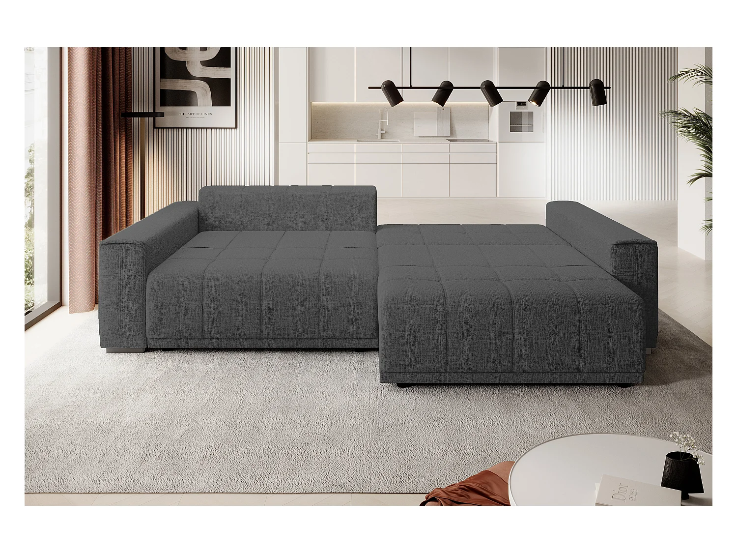 Canapé MOTTA Bigsofa – Grand canapé avec fonction de couchage, 175x228 cm, 7 coussins, tissu KANSAS, 2 compartiments, couleur : Gris