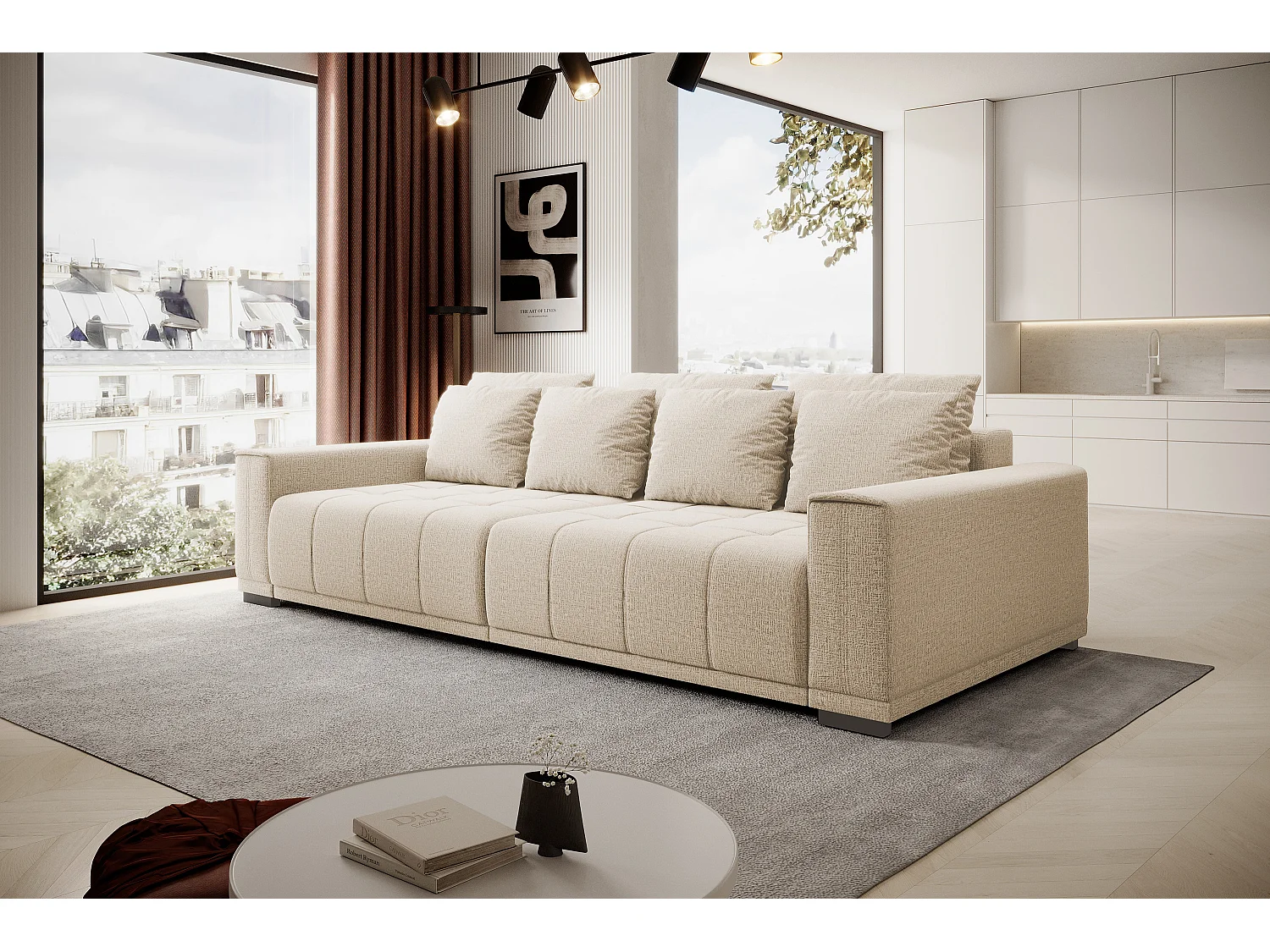 Canapé MOTTA Bigsofa – Grand canapé avec fonction de couchage, 175x228 cm, 7 coussins, tissu KANSAS, 2 compartiments, couleur : Beige