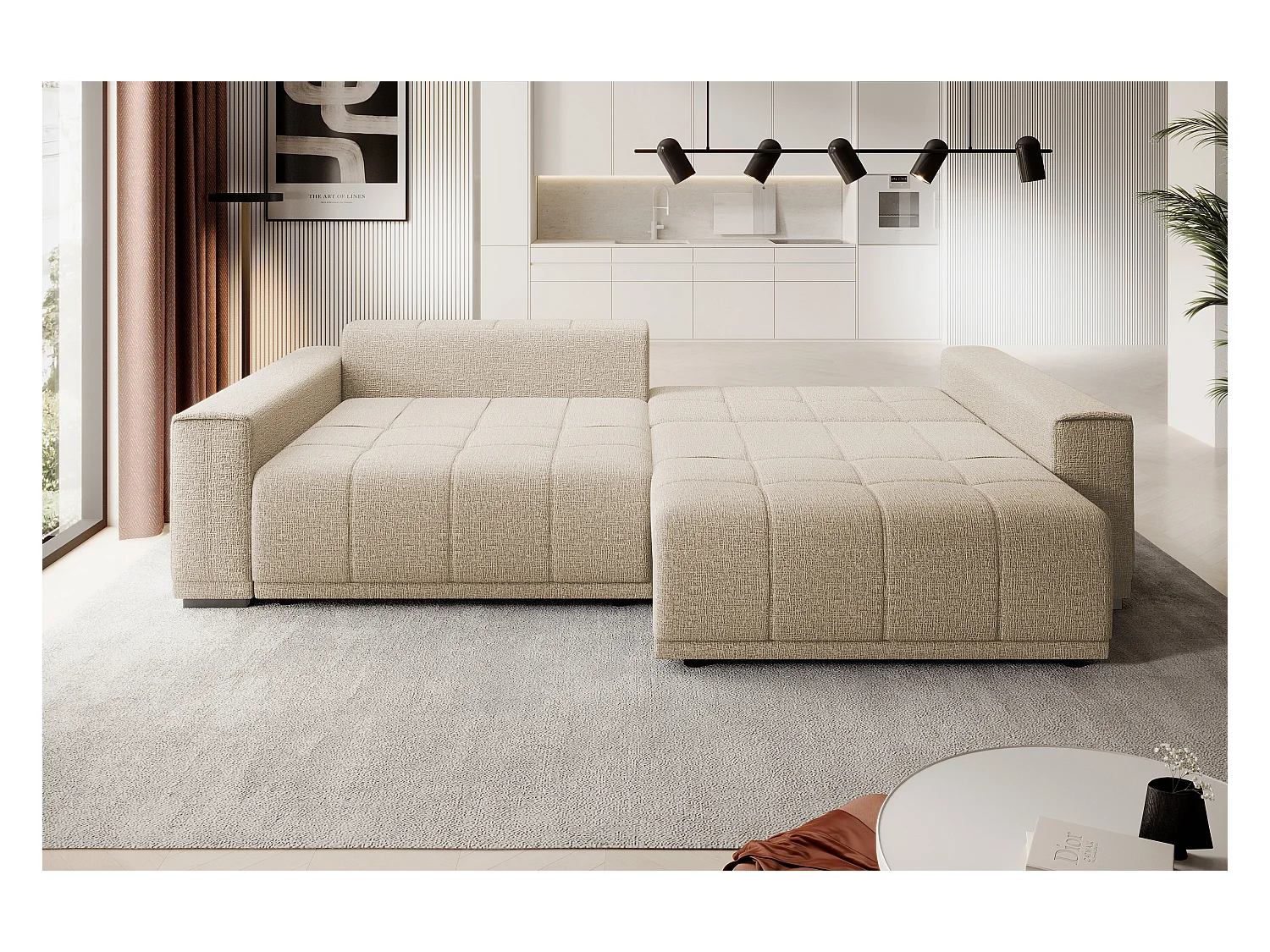Canapé MOTTA Bigsofa – Grand canapé avec fonction de couchage, 175x228 cm, 7 coussins, tissu KANSAS, 2 compartiments, couleur : Beige