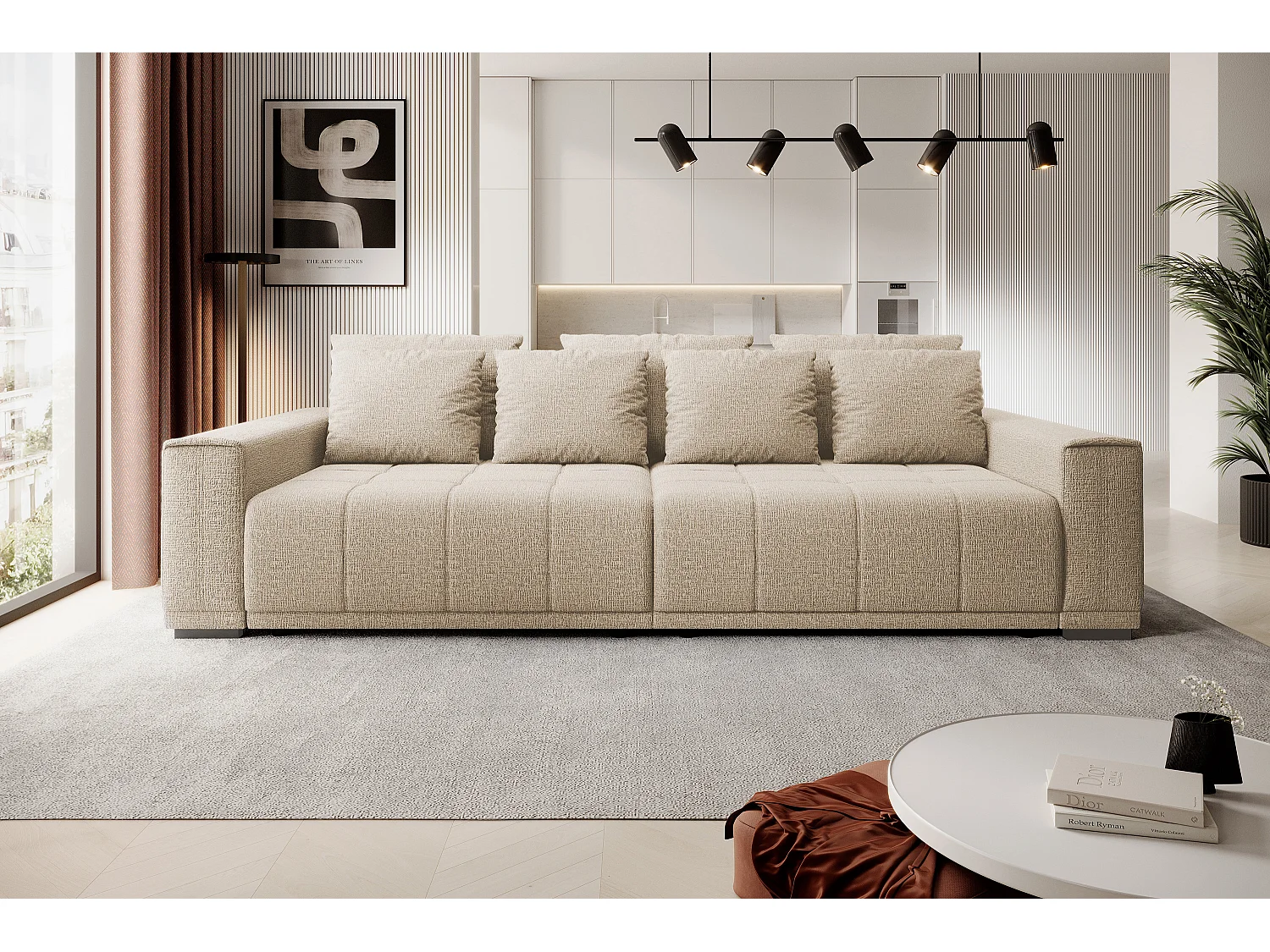 Canapé MOTTA Bigsofa – Grand canapé avec fonction de couchage, 175x228 cm, 7 coussins, tissu KANSAS, 2 compartiments, couleur : Beige
