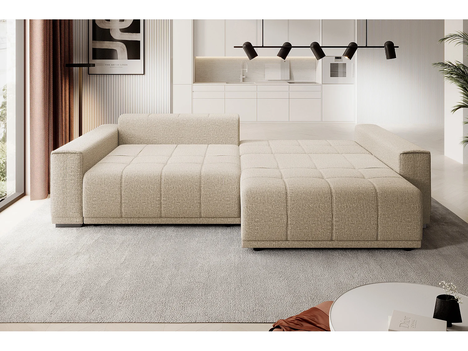 Canapé MOTTA Bigsofa – Grand canapé avec fonction de couchage, 175x228 cm, 7 coussins, tissu KANSAS, 2 compartiments, couleur : Beige