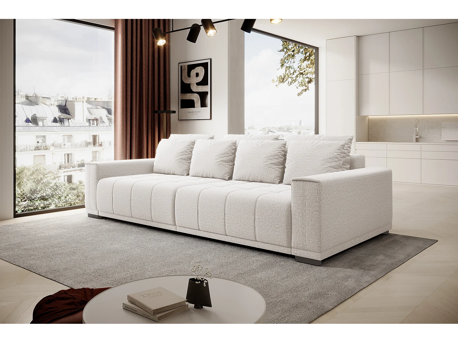 Canapé MOTTA Bigsofa – Grand canapé avec fonction de couchage, 175x228 cm, 7 coussins, tissu KANSAS, 2 compartiments, couleur : Blanc