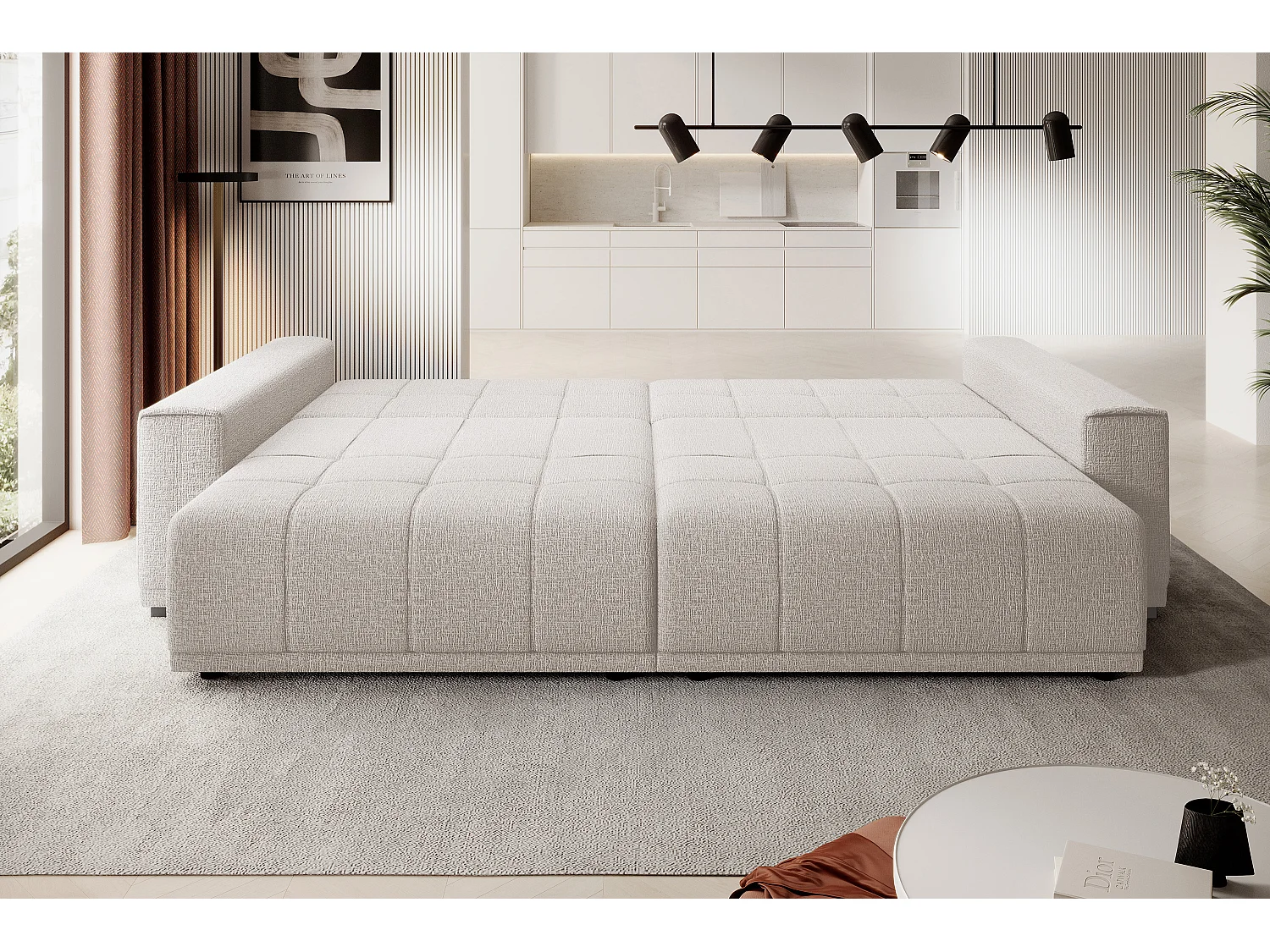 Canapé MOTTA Bigsofa – Grand canapé avec fonction de couchage, 175x228 cm, 7 coussins, tissu KANSAS, 2 compartiments, couleur : Blanc