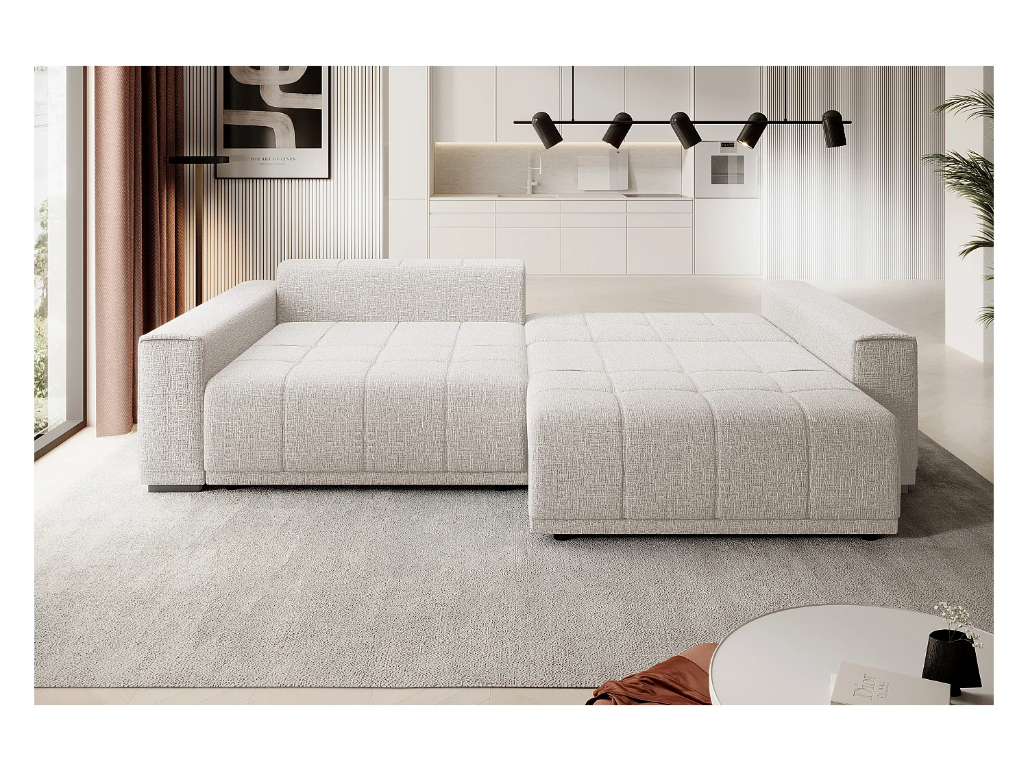 Canapé MOTTA Bigsofa – Grand canapé avec fonction de couchage, 175x228 cm, 7 coussins, tissu KANSAS, 2 compartiments, couleur : Blanc