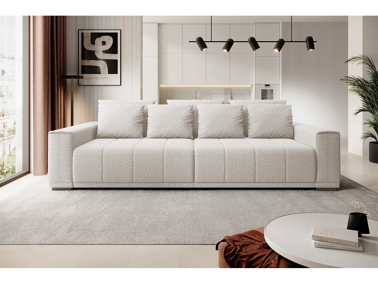 Canapé MOTTA Bigsofa – Grand canapé avec fonction de couchage, 175x228 cm, 7 coussins, tissu KANSAS, 2 compartiments, couleur : Blanc