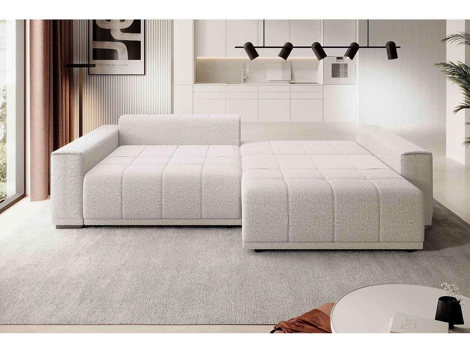 Canapé MOTTA Bigsofa – Grand canapé avec fonction de couchage, 175x228 cm, 7 coussins, tissu KANSAS, 2 compartiments, couleur : Blanc