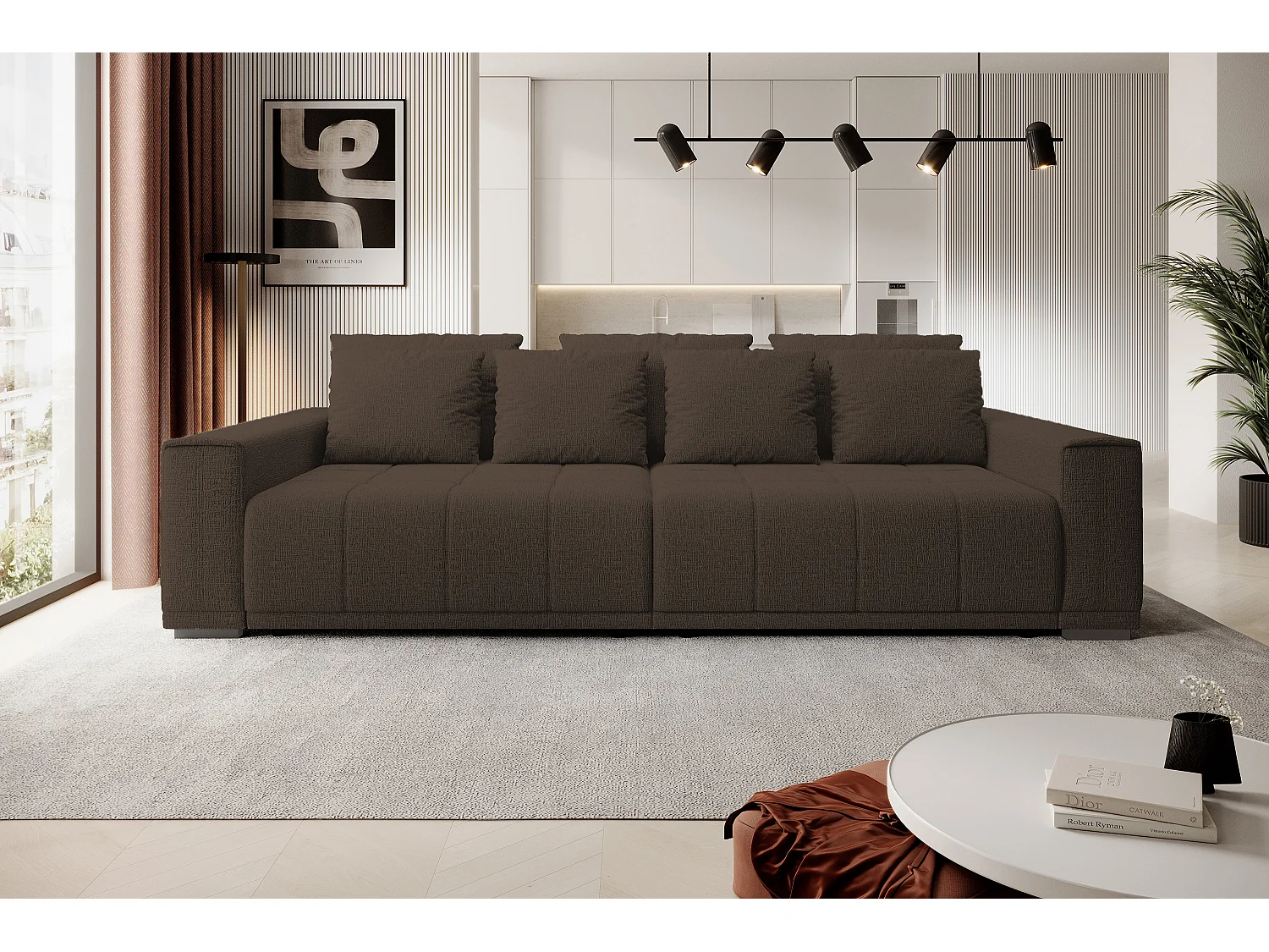 MOTTA Bigsofa – Grote slaapbank, slaapoppervlak 175x228 cm, 7 kussens, stof KANSAS, 2 opbergruimtes, 278x130x83 cm, kleur: bruin