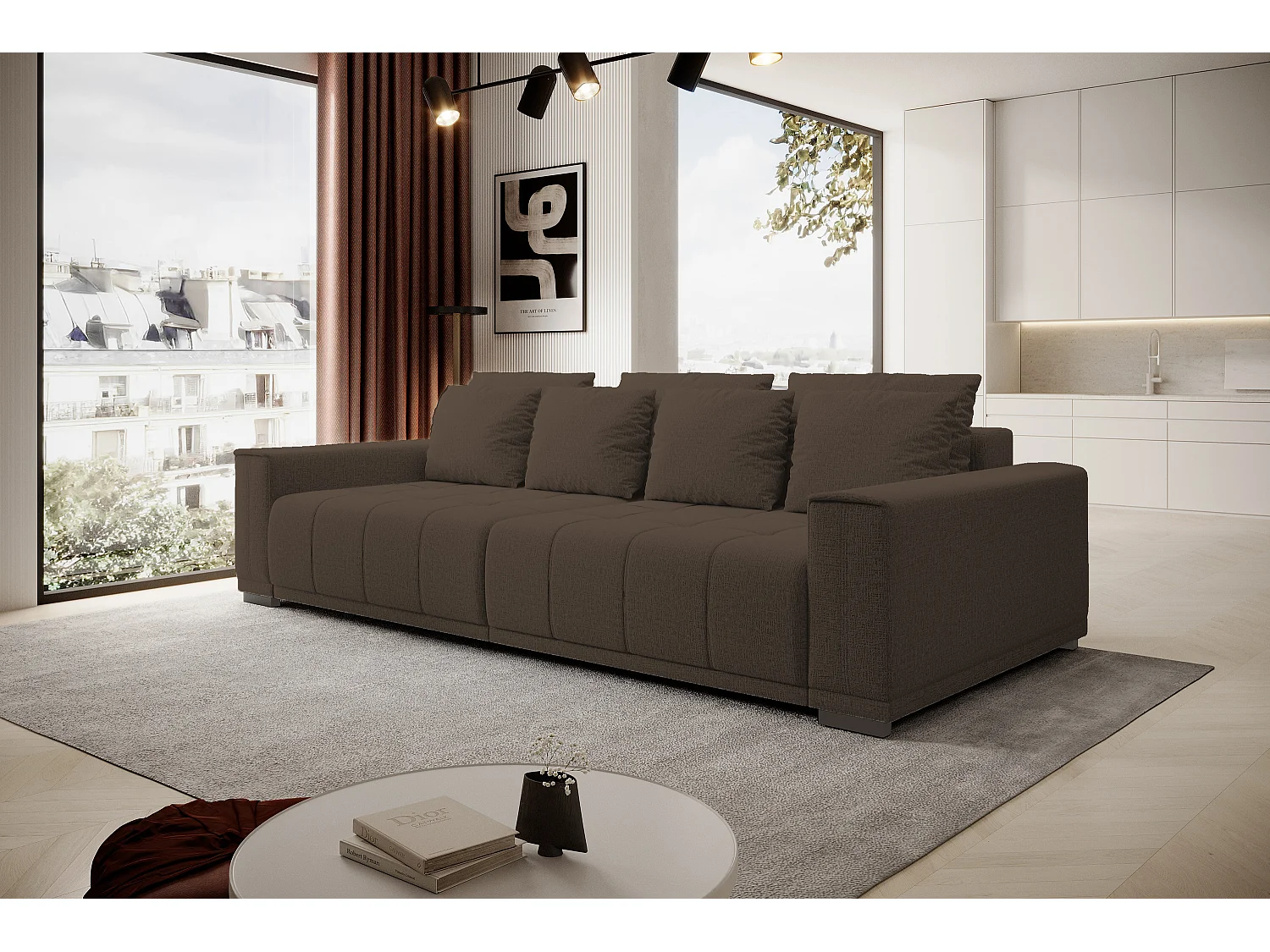 MOTTA Bigsofa – Grote slaapbank, slaapoppervlak 175x228 cm, 7 kussens, stof KANSAS, 2 opbergruimtes, 278x130x83 cm, kleur: bruin