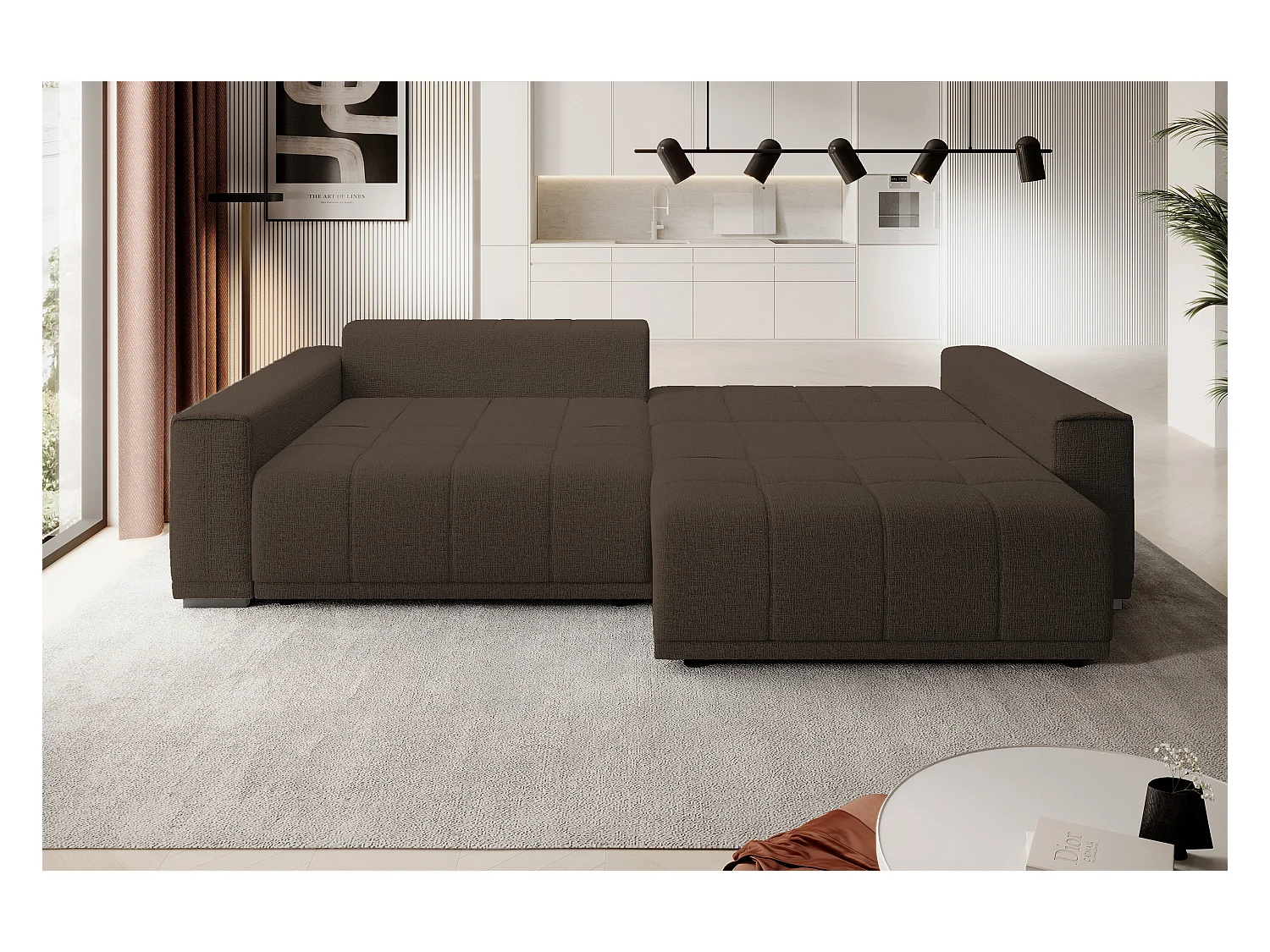 Canapé MOTTA Bigsofa – Grand canapé avec fonction de couchage, 175x228 cm, 7 coussins, tissu KANSAS, 2 compartiments, couleur : Marron