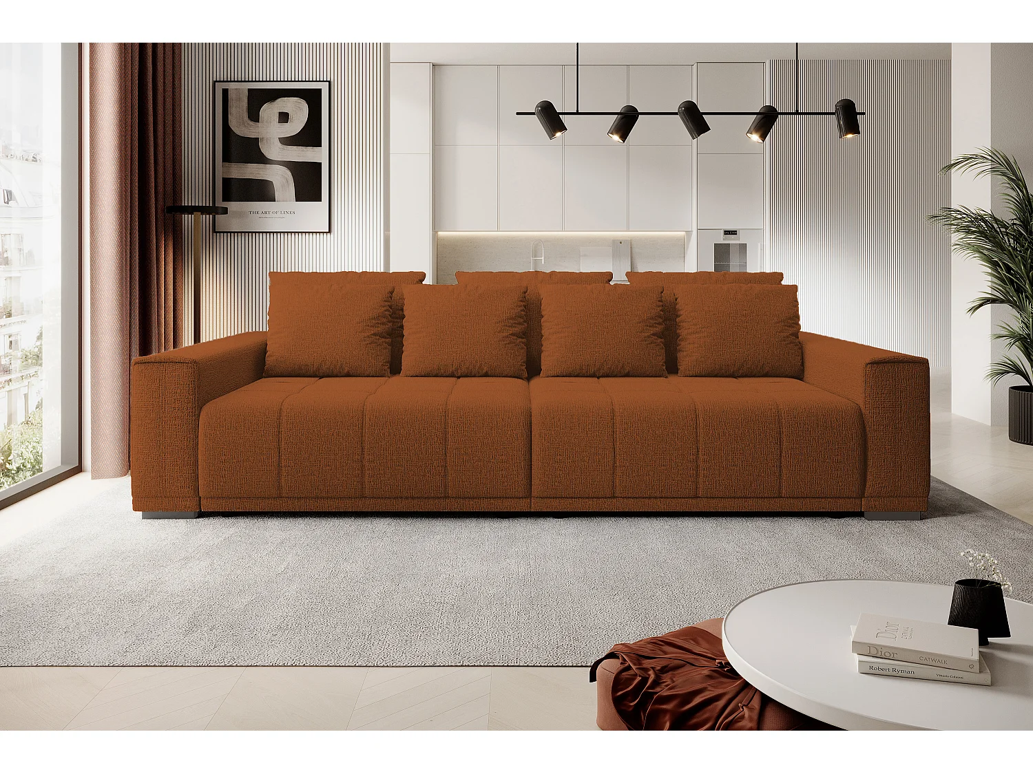 Canapé MOTTA Bigsofa – Grand canapé avec fonction de couchage, 175x228 cm, 7 coussins, tissu KANSAS, 2 compartiments, couleur : Marron clair
