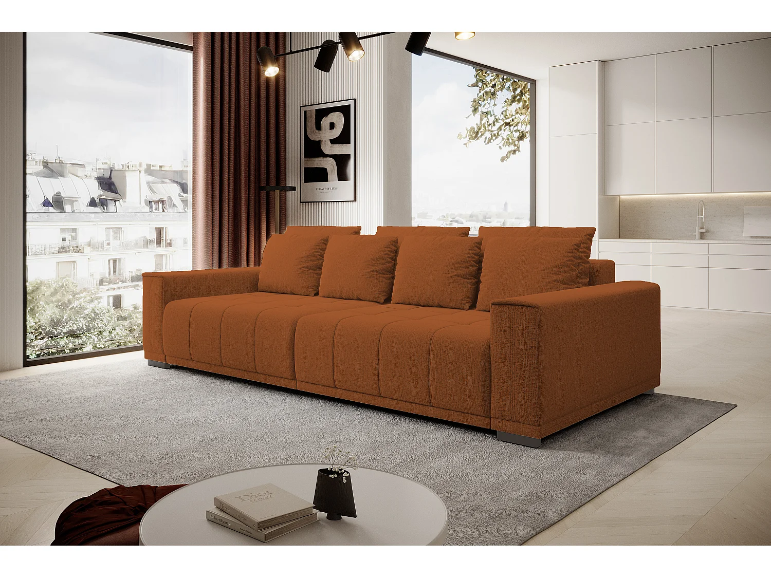 Canapé MOTTA Bigsofa – Grand canapé avec fonction de couchage, 175x228 cm, 7 coussins, tissu KANSAS, 2 compartiments, couleur : Marron clair
