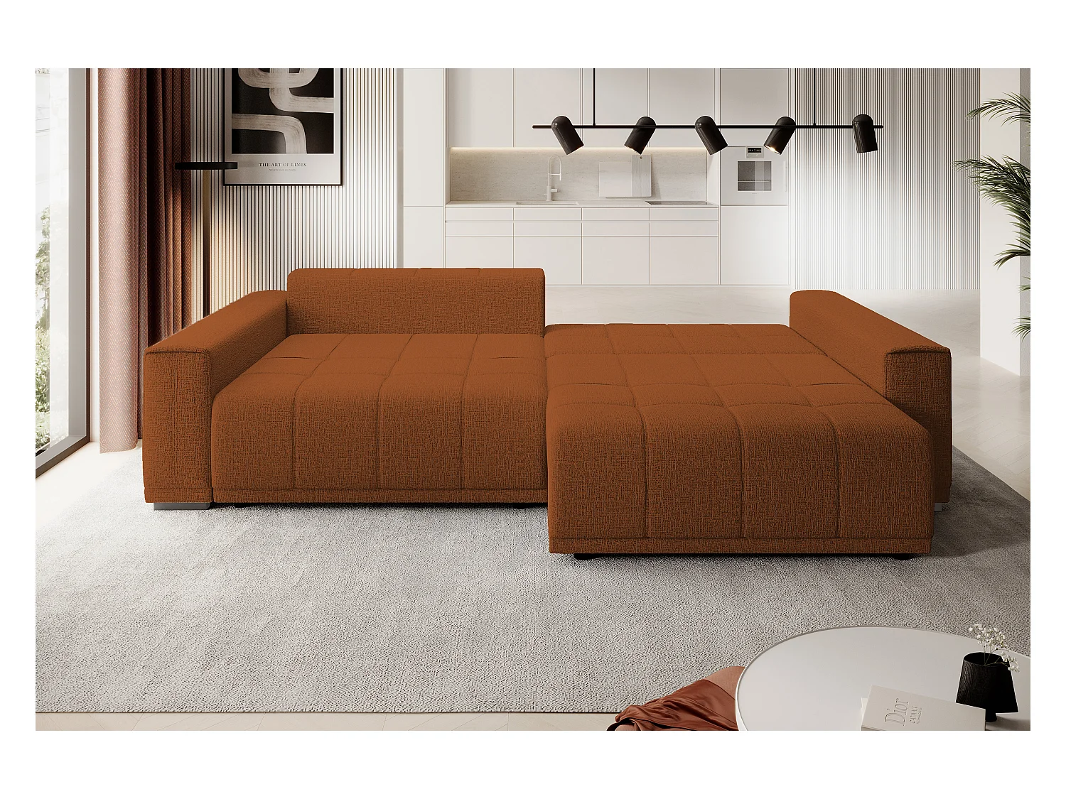 Canapé MOTTA Bigsofa – Grand canapé avec fonction de couchage, 175x228 cm, 7 coussins, tissu KANSAS, 2 compartiments, couleur : Marron clair