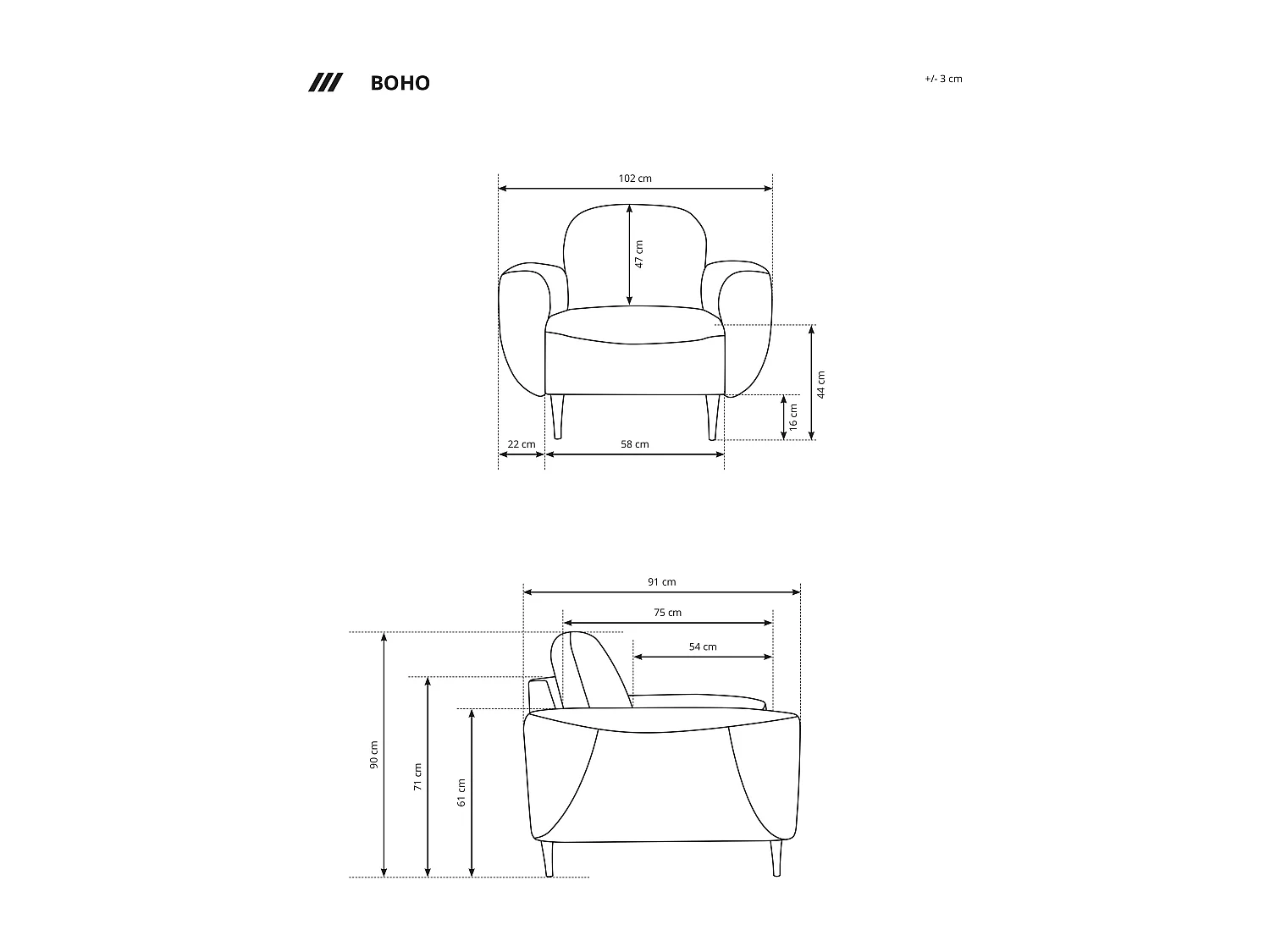 Fotel BOHO nowoczesny elegancki z drewnianymi nogami, z oparciem i podłokietnikami, do salonu i biura, rozmiar: 90x91x102cm MIEDŹ