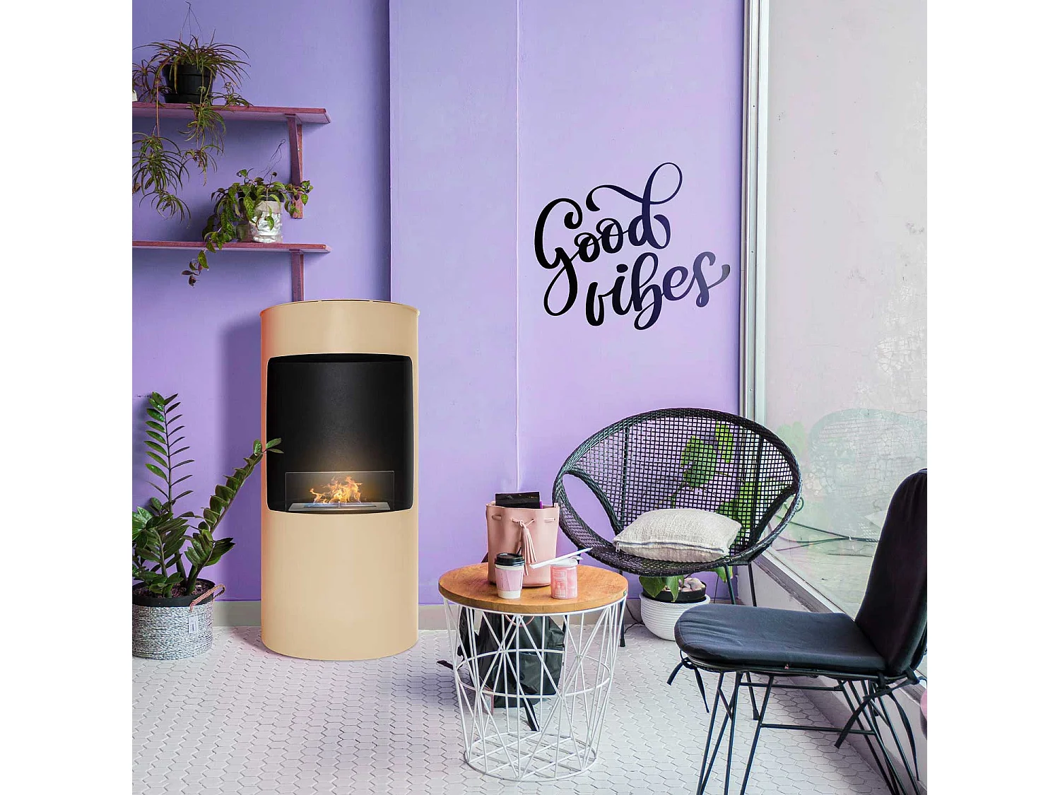 Giulio Cesare - Lareira a bioetanol de chão, dimensões ⌀40xH80 cm, cinzento pomba