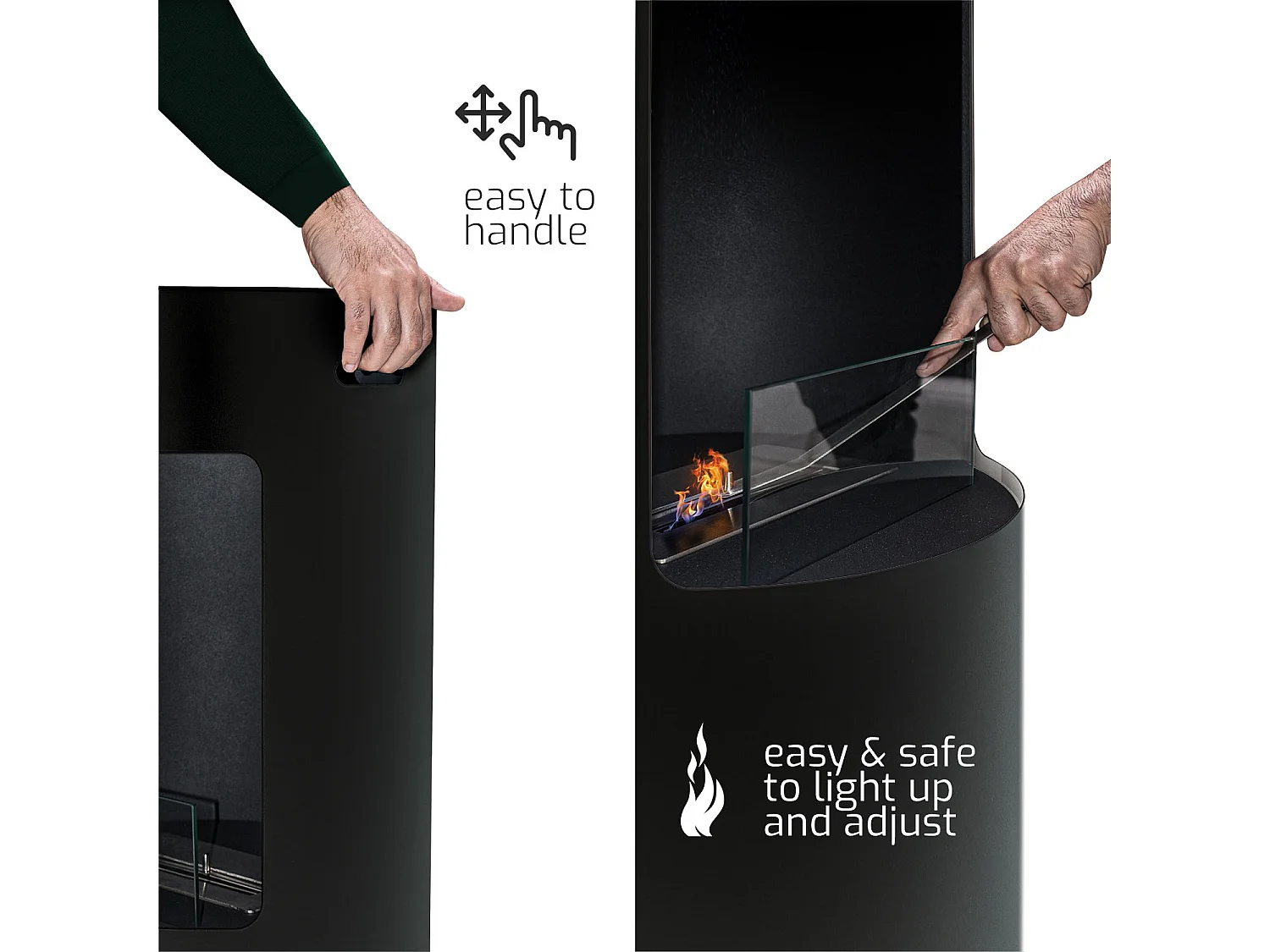 Giulio Cesare - Chimenea de bioetanol de pie con quemador de 1,5L. Chimenea de bioetanol sobre soporte de acero inoxidable y vidrio templado. Color negro. Ø40x80 cm