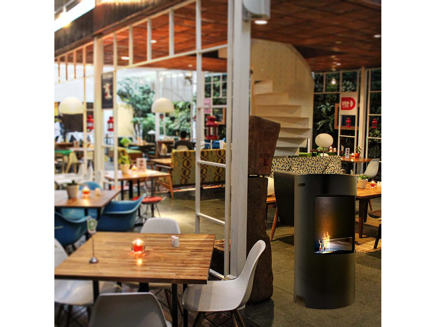 Giulio Cesare - Chimenea de bioetanol de pie con quemador de 1,5L. Chimenea de bioetanol sobre soporte de acero inoxidable y vidrio templado. Color negro. Ø40x80 cm