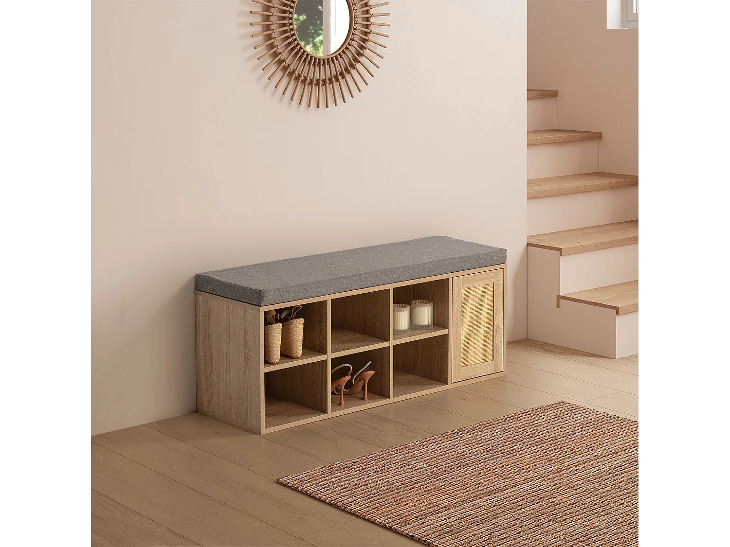 Banco zapatero Rafael Color Roble 6 Huecos y 1 Puerta