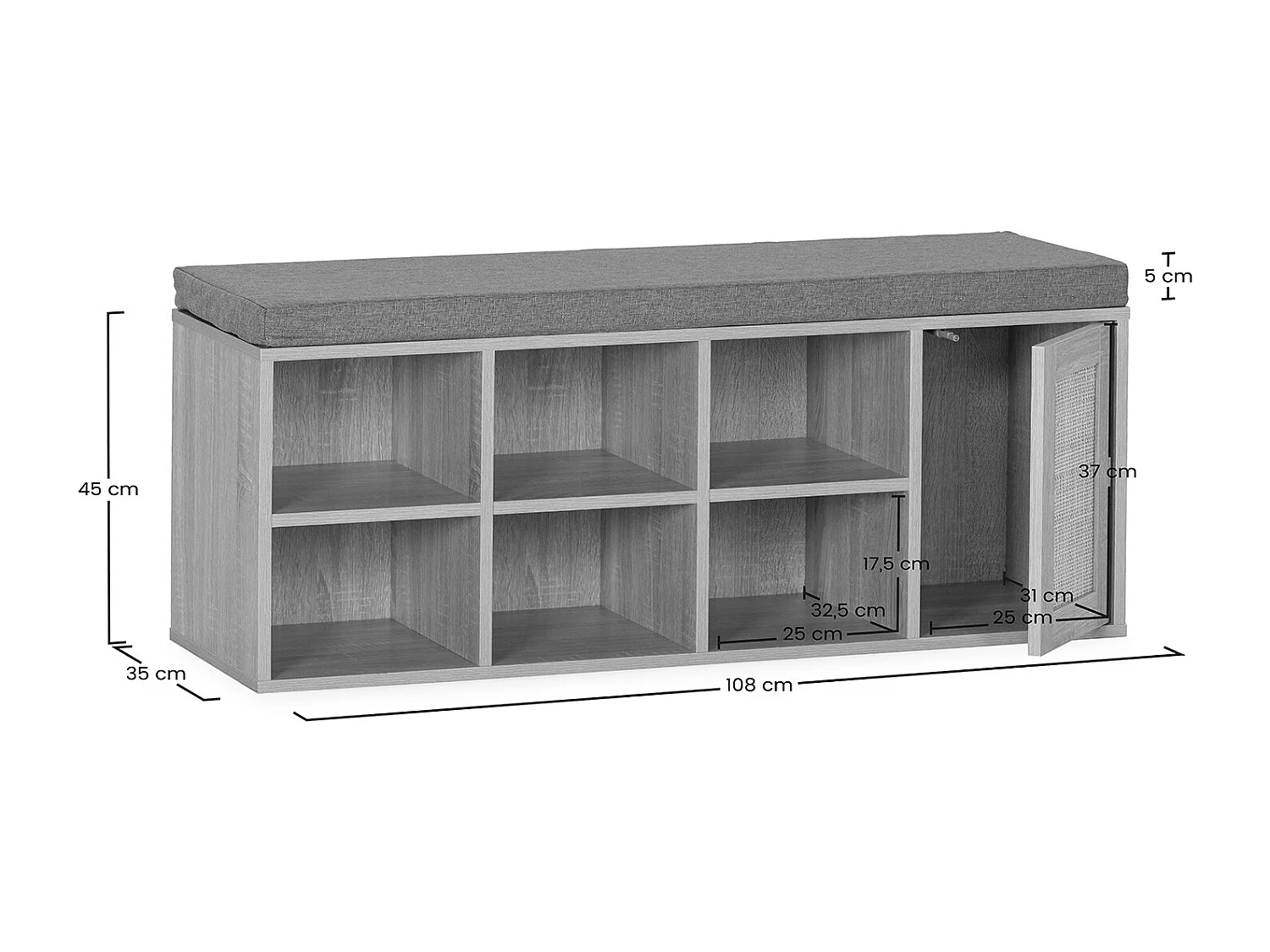 Banco zapatero Rafael Color Roble 6 Huecos y 1 Puerta