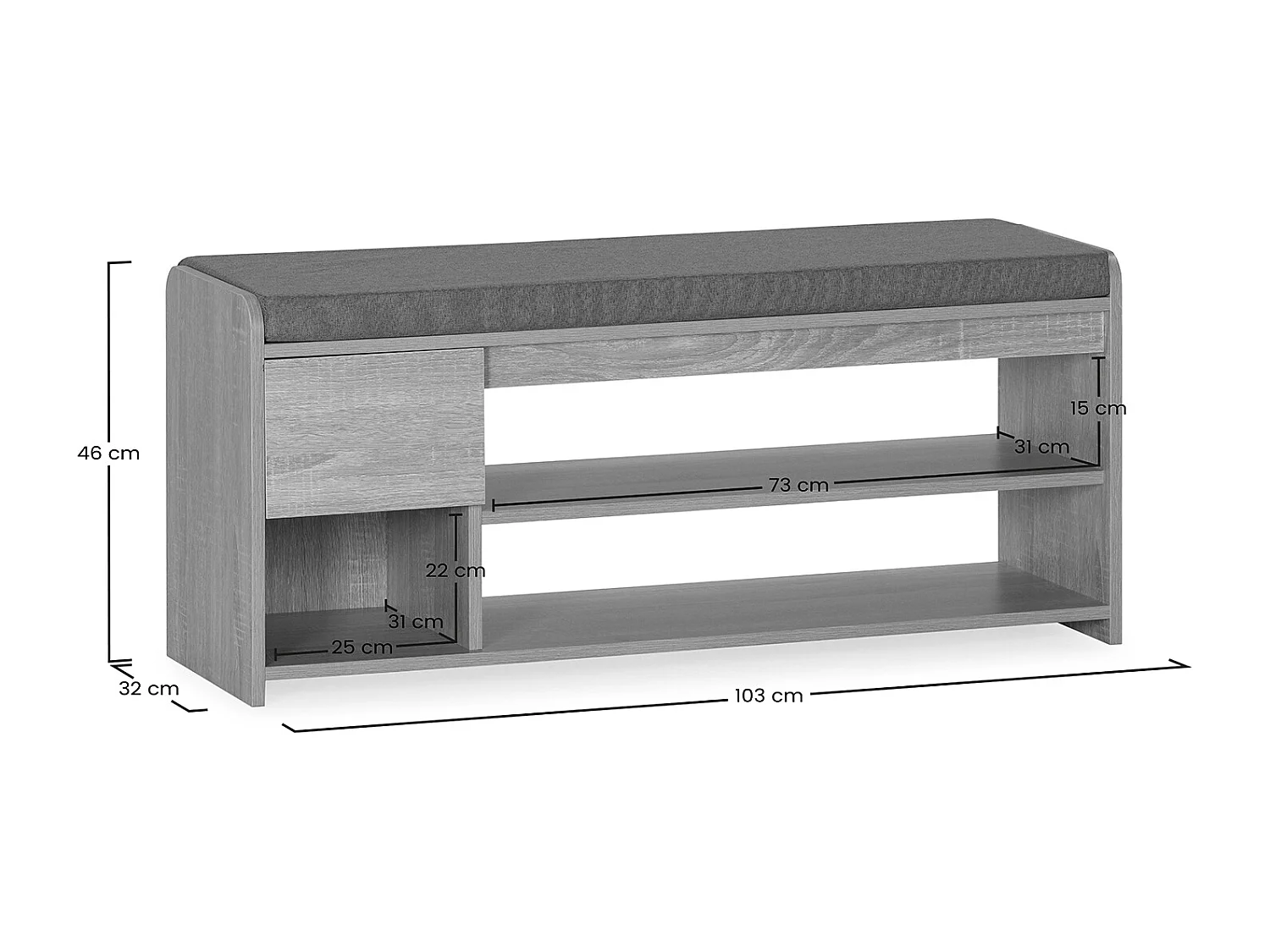 Banco zapatero Gabriel Color Roble 3 Huecos y 1 cajón