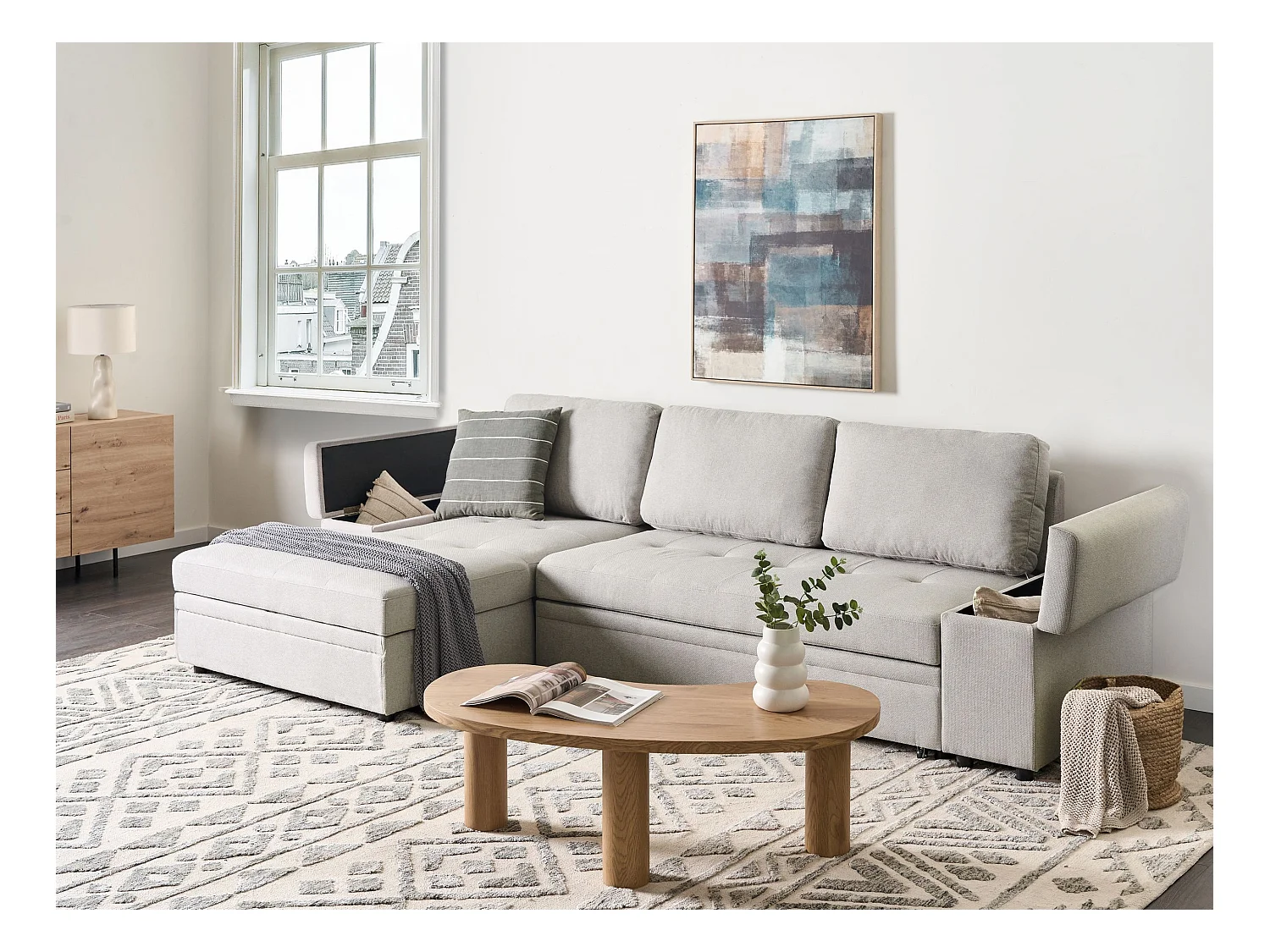 3-Sitzer Ecksofa Leinenoptik hellgrau rechts Schlaffunktion Strauraum Hirsley
