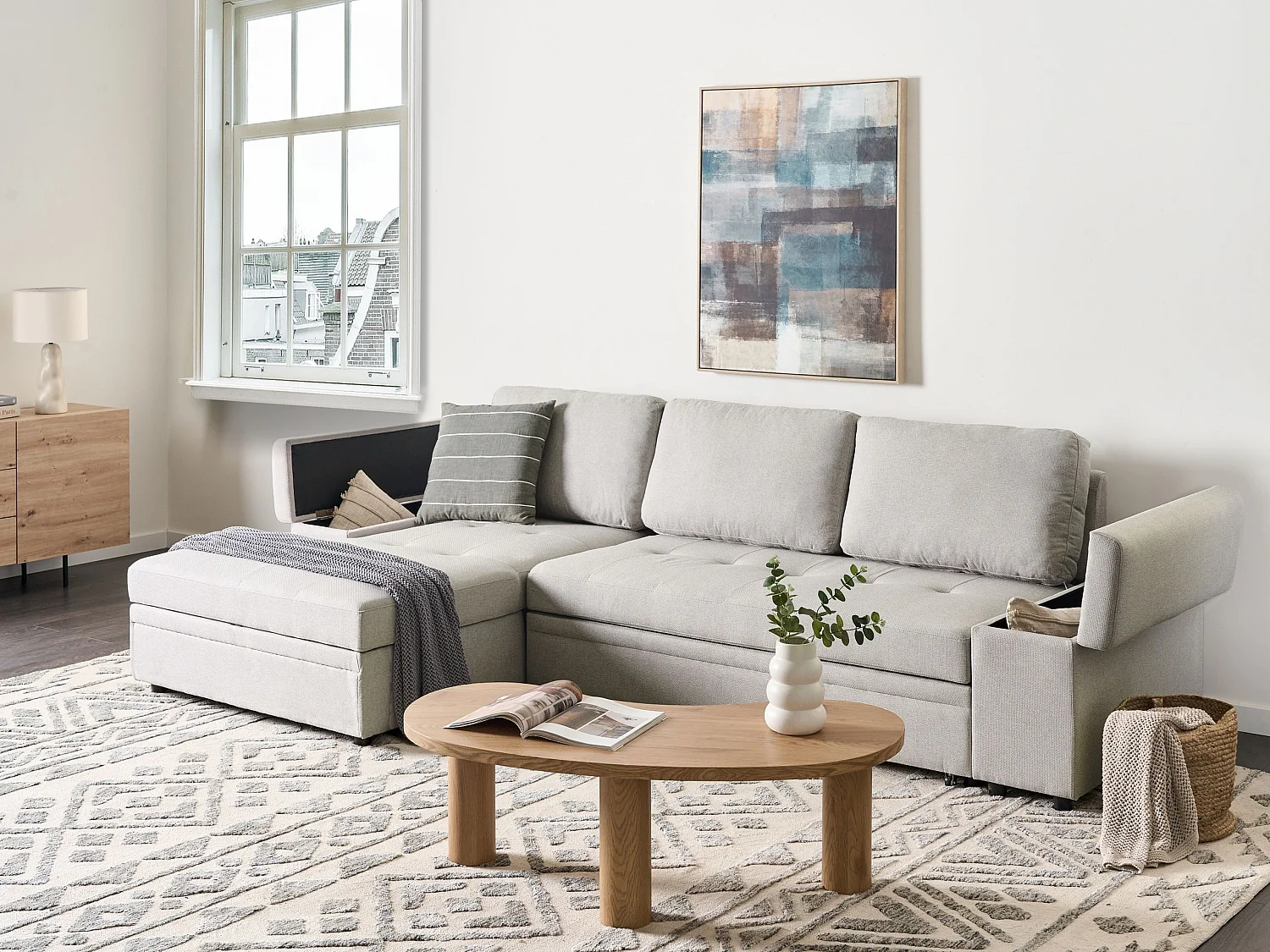 Canapé-lit d'angle 3 places HRISEY Lin synthétique Gris clair avec rangement Côté droit