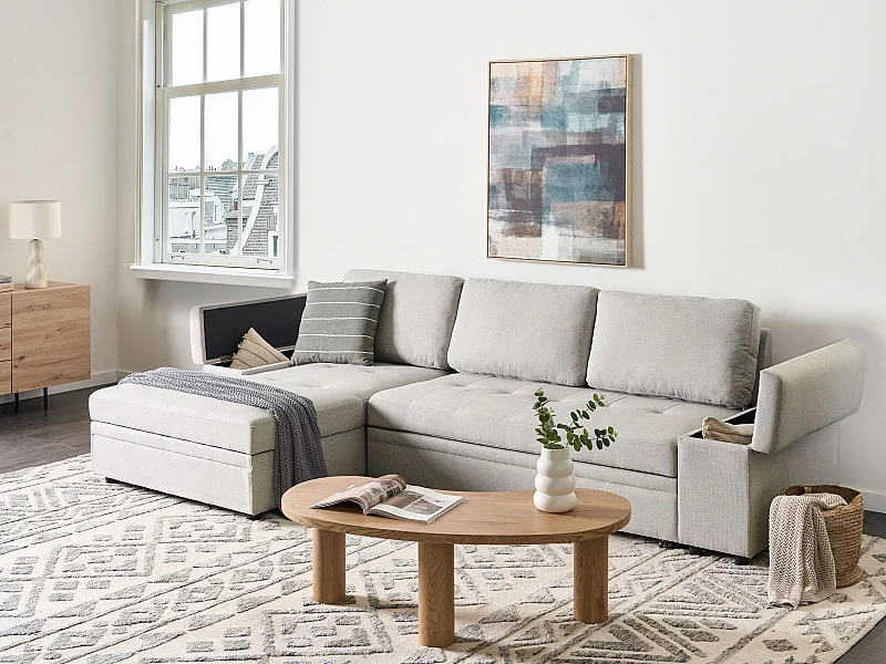 3-Sitzer Ecksofa Leinenoptik hellgrau rechts Schlaffunktion Strauraum Hirsley