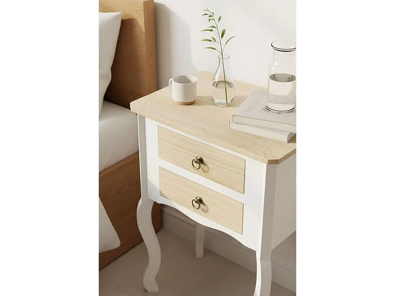 Mesas Auxiliares - Mesita Noche Cabriole 2 Cajones 50 cm - Madera Natural