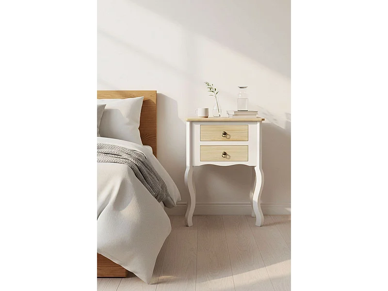 Mesas Auxiliares - Mesita Noche Cabriole 2 Cajones 50 cm - Madera Natural